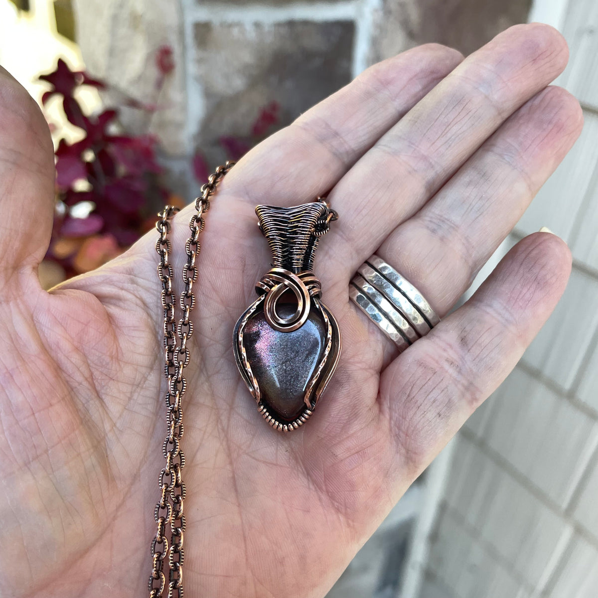 Moonstone Sunstone Teardrop Copper Pendant