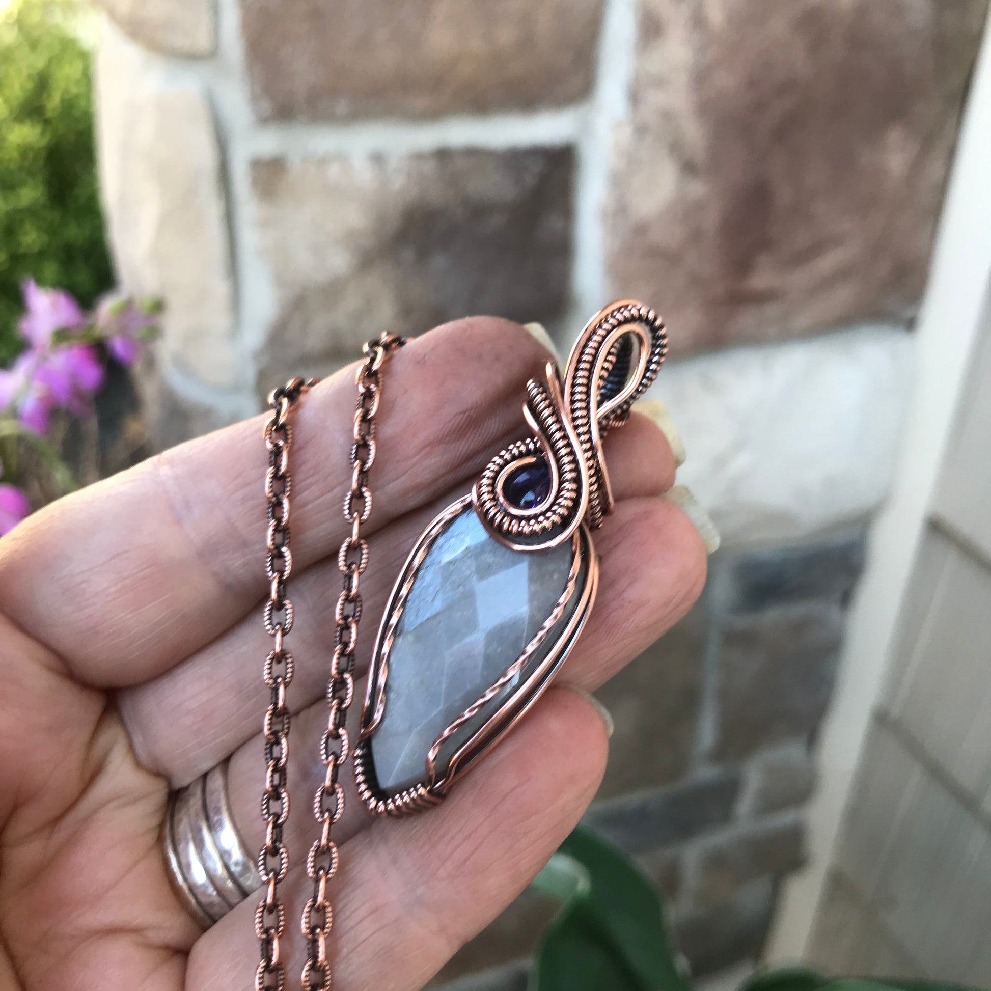 Gray Faceted Moonstone & Amethyst Copper Pendant