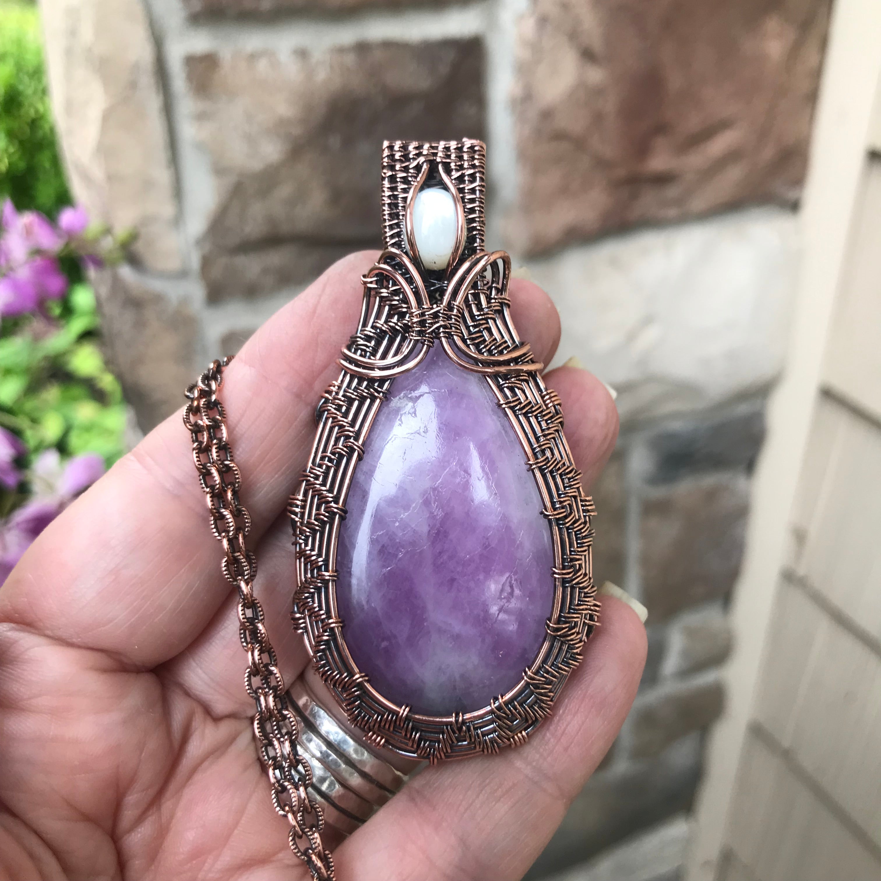 Kunzite & Mother of Pearl Woven Copper Necklace