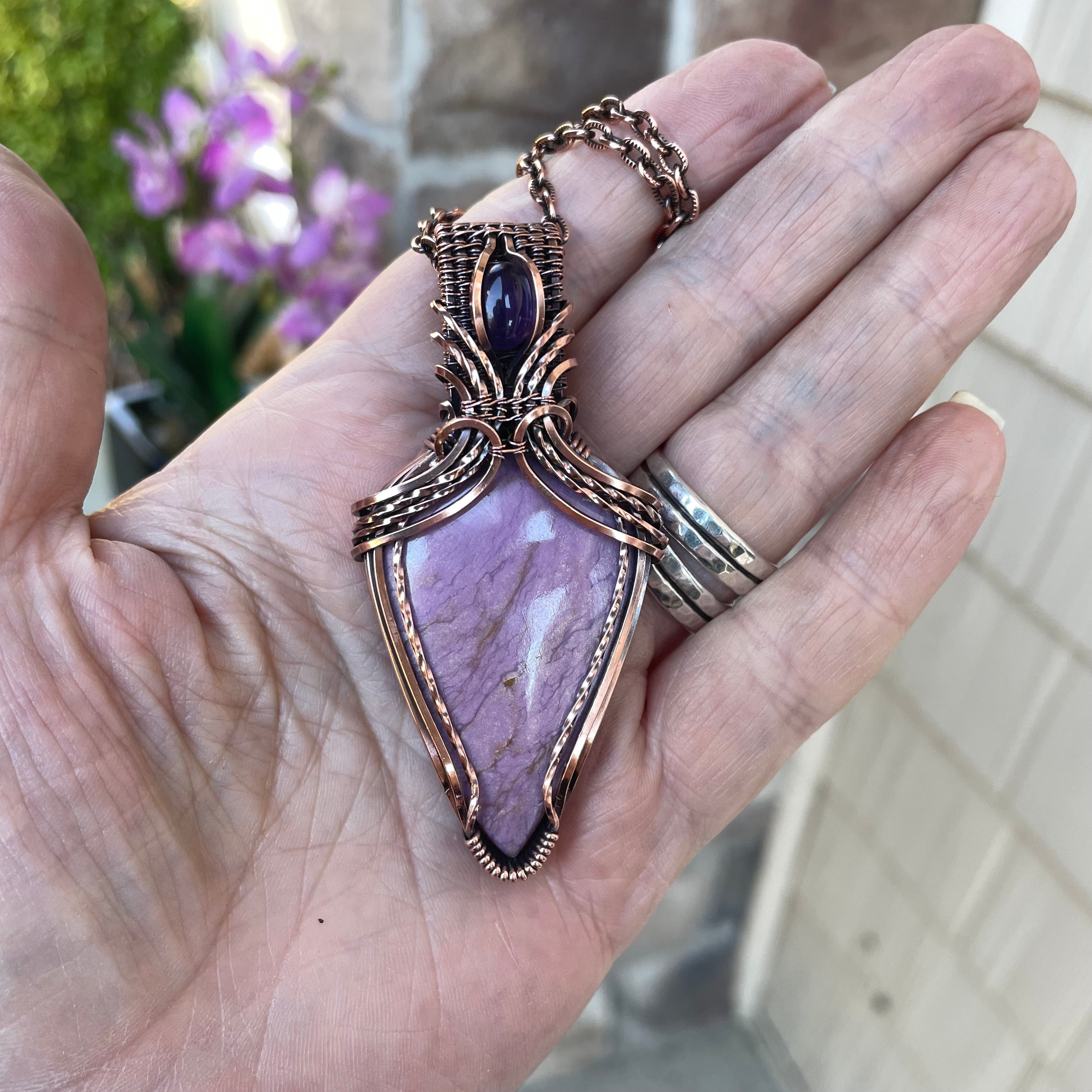 Phosphosiderite & Amethyst Copper Pendant with Weaving
