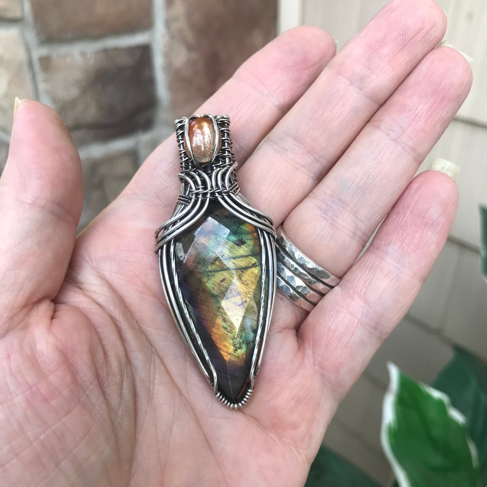 Rainbow Labradorite & Sunstone Silver Pendant