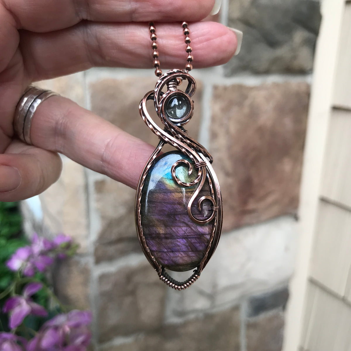 Purple Labradorite & Prasiolite Oval Copper Necklace