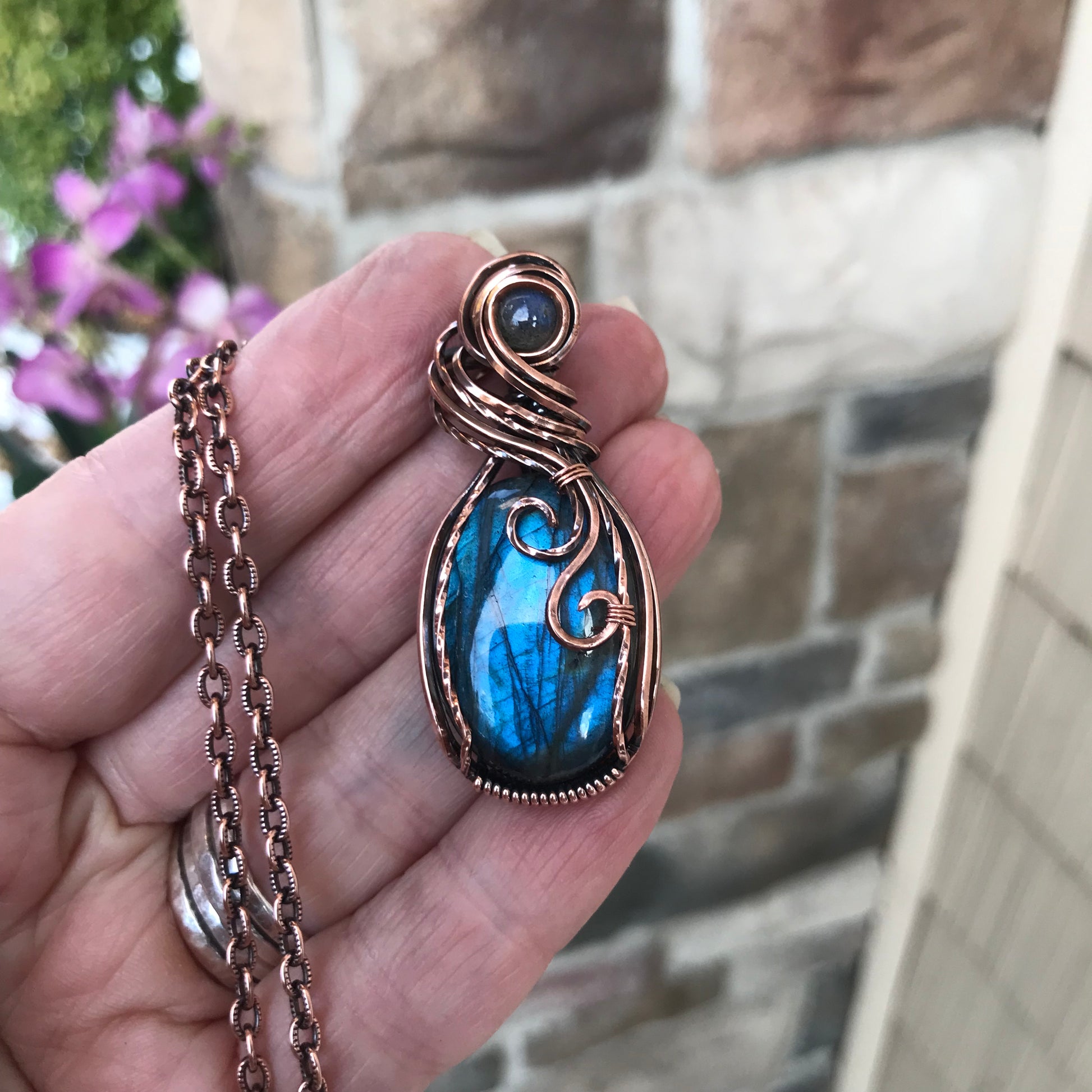 Blue Labradorite Swirly Copper Pendant