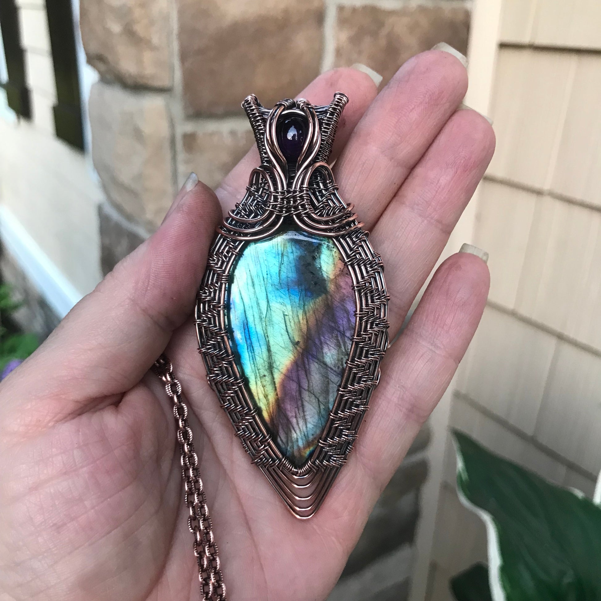 Teal Labradorite & Amethyst Woven Copper Pendant