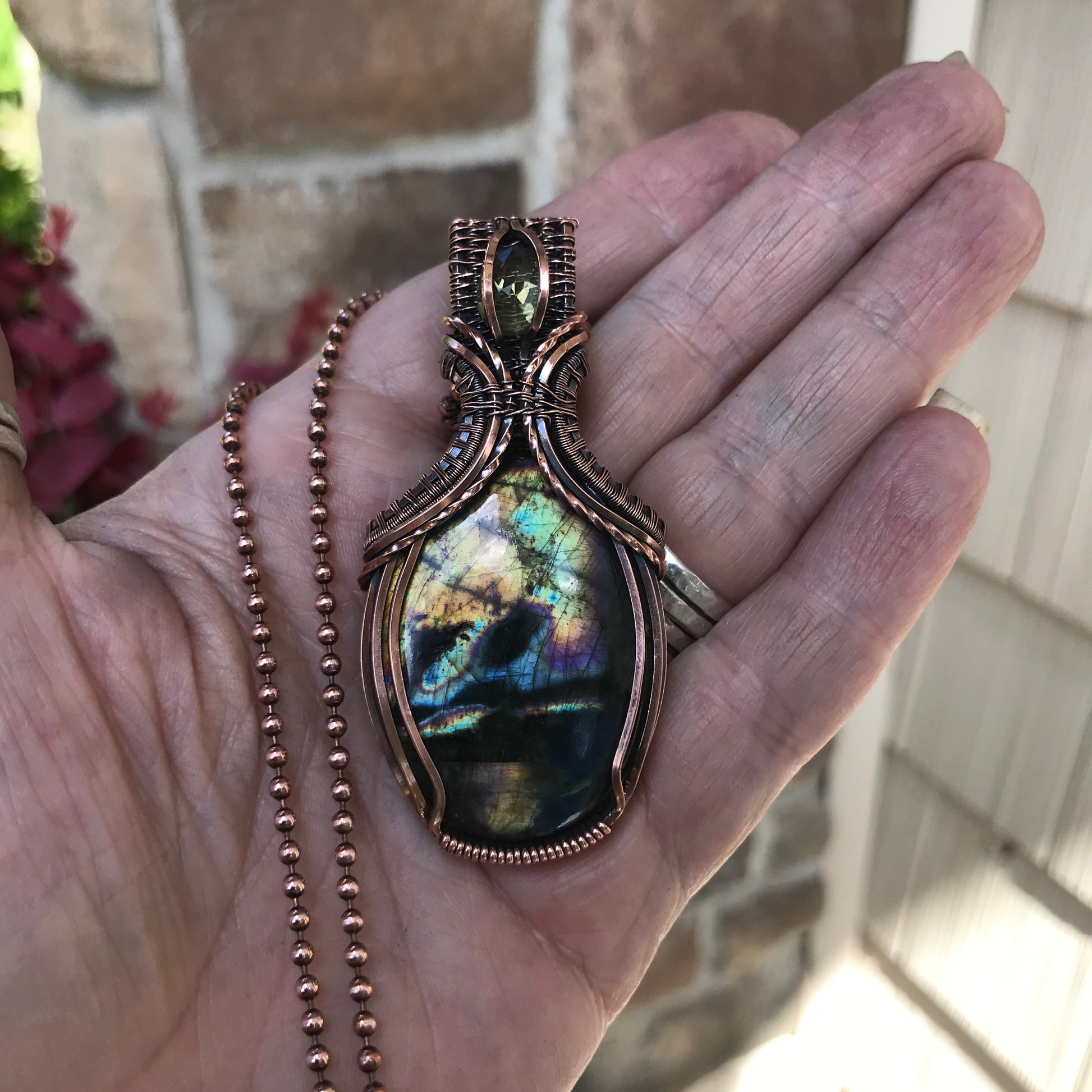 Yellow Orange Labradorite & Lemon Quartz Oval Copper Necklace with Weaving