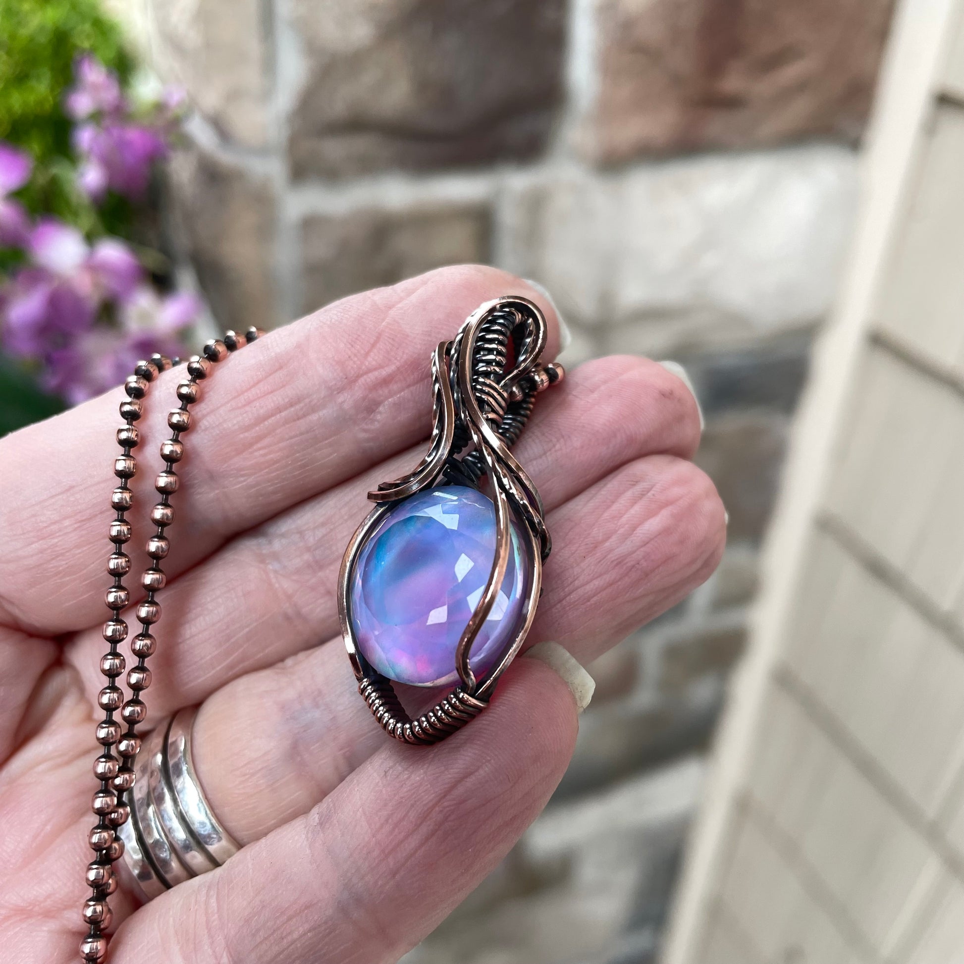Aurora Opal Pink Purple Round Copper Pendant