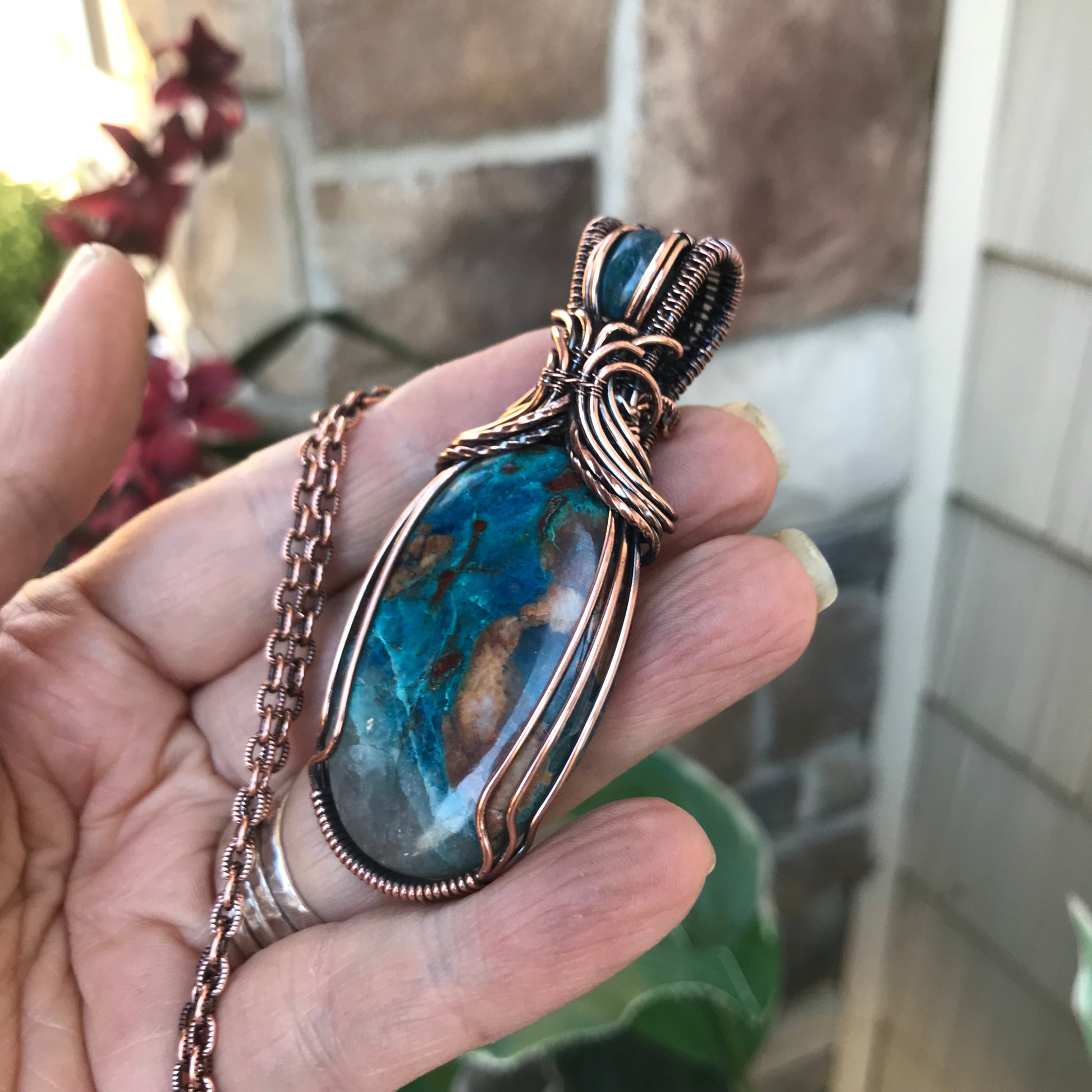 Chrysocolla & Apatite Copper Pendant