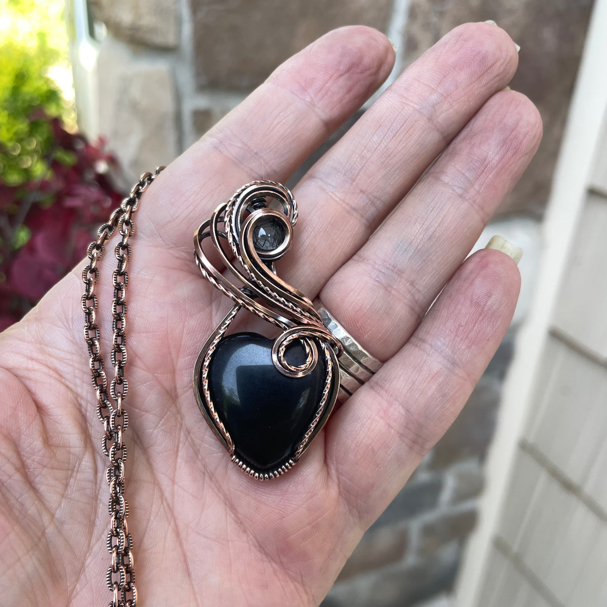 Obsidian & Rutile Quartz Heart Copper Pendant