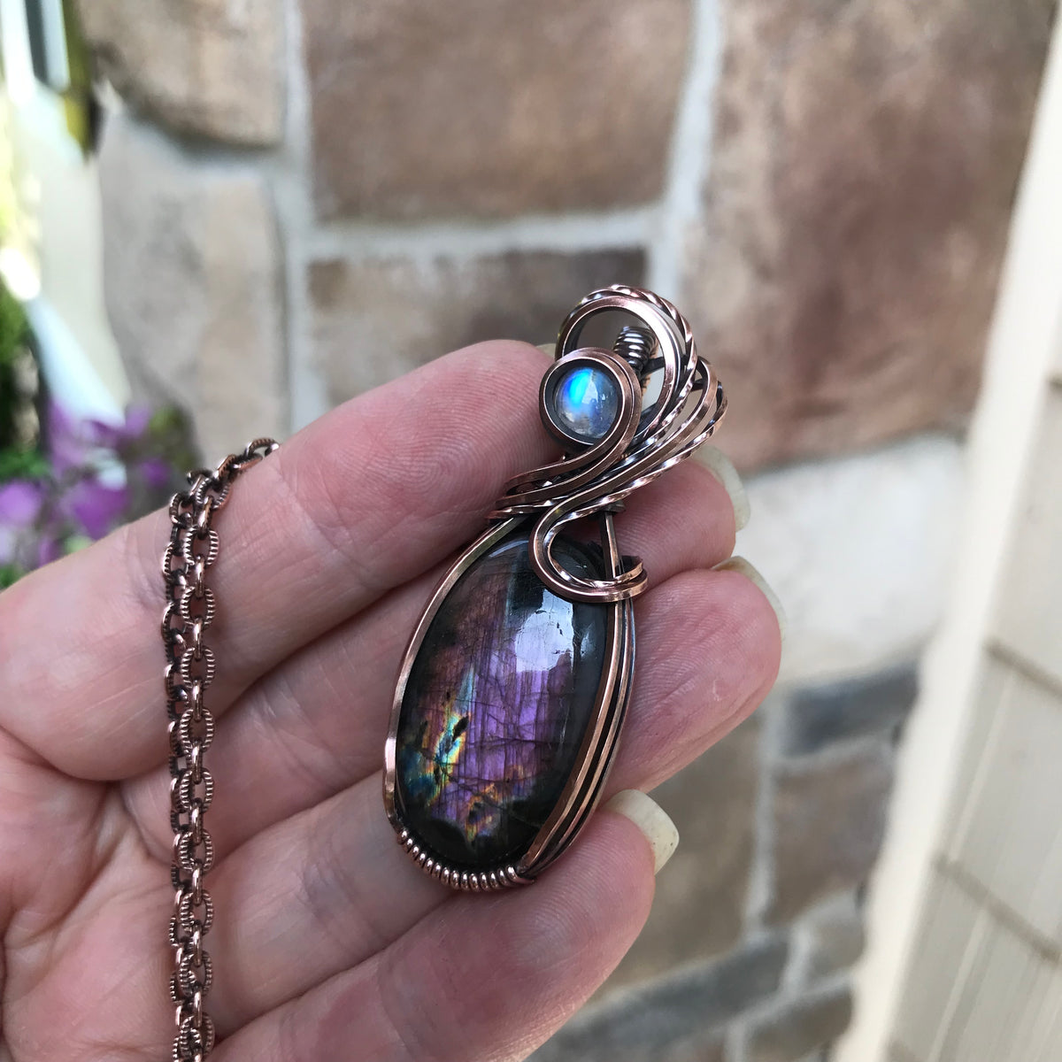 Purple Labradorite & Moonstone Oval Copper Pendant
