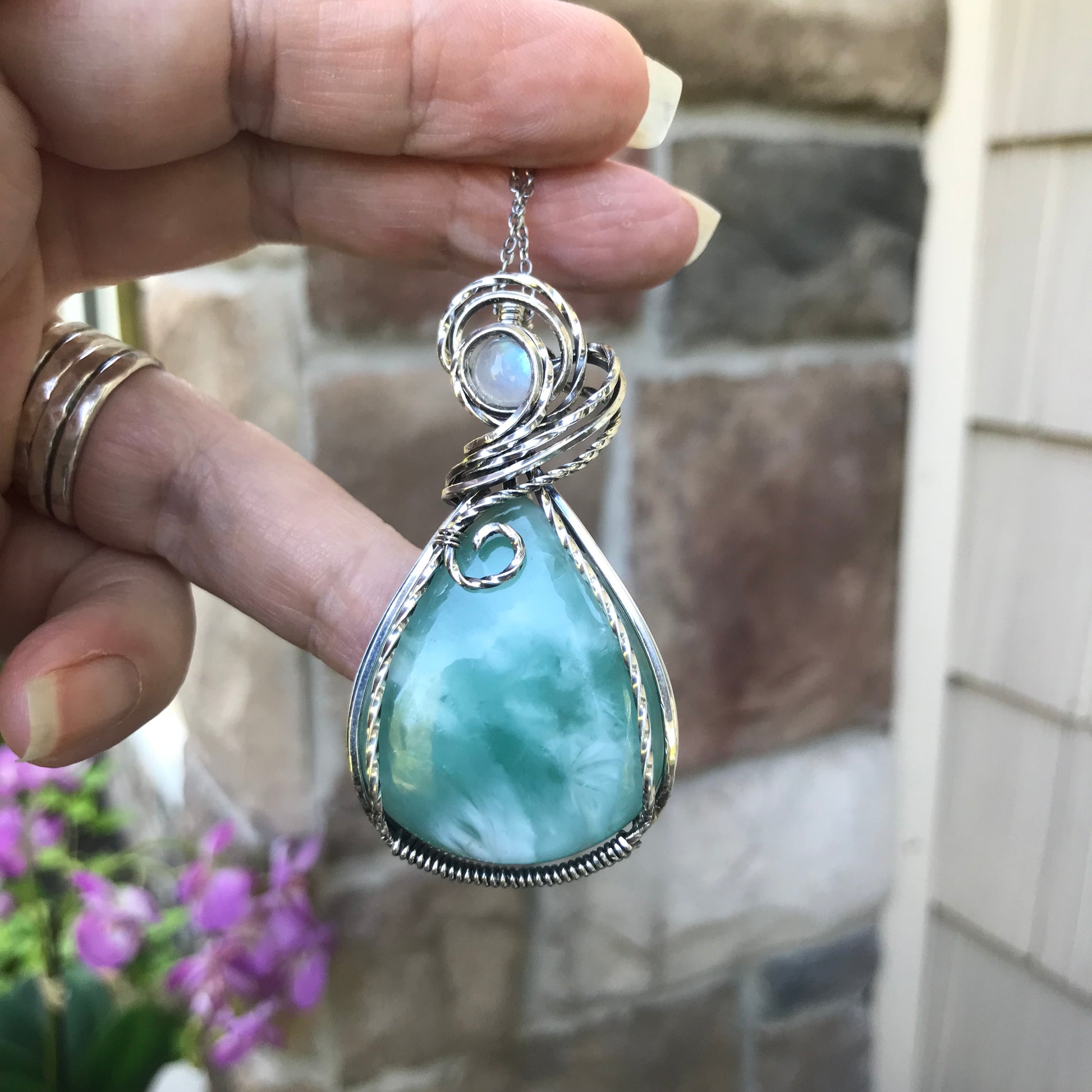 Hemimorphite & Moonstone Sterling Silver Pendant with Swirls