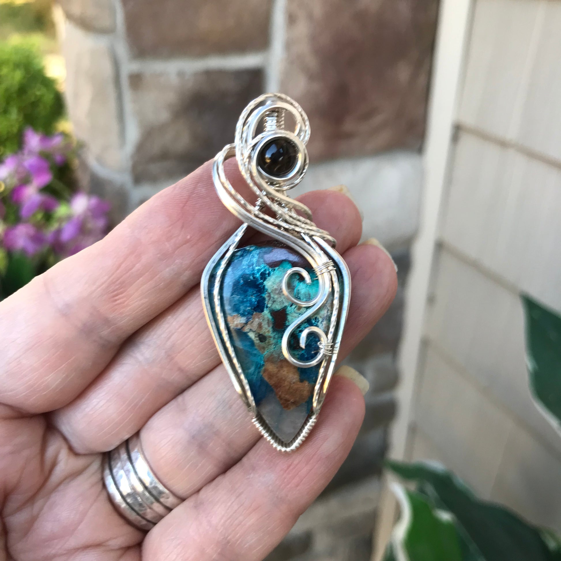 Shattuckite & Smoky Quartz Silver Necklace