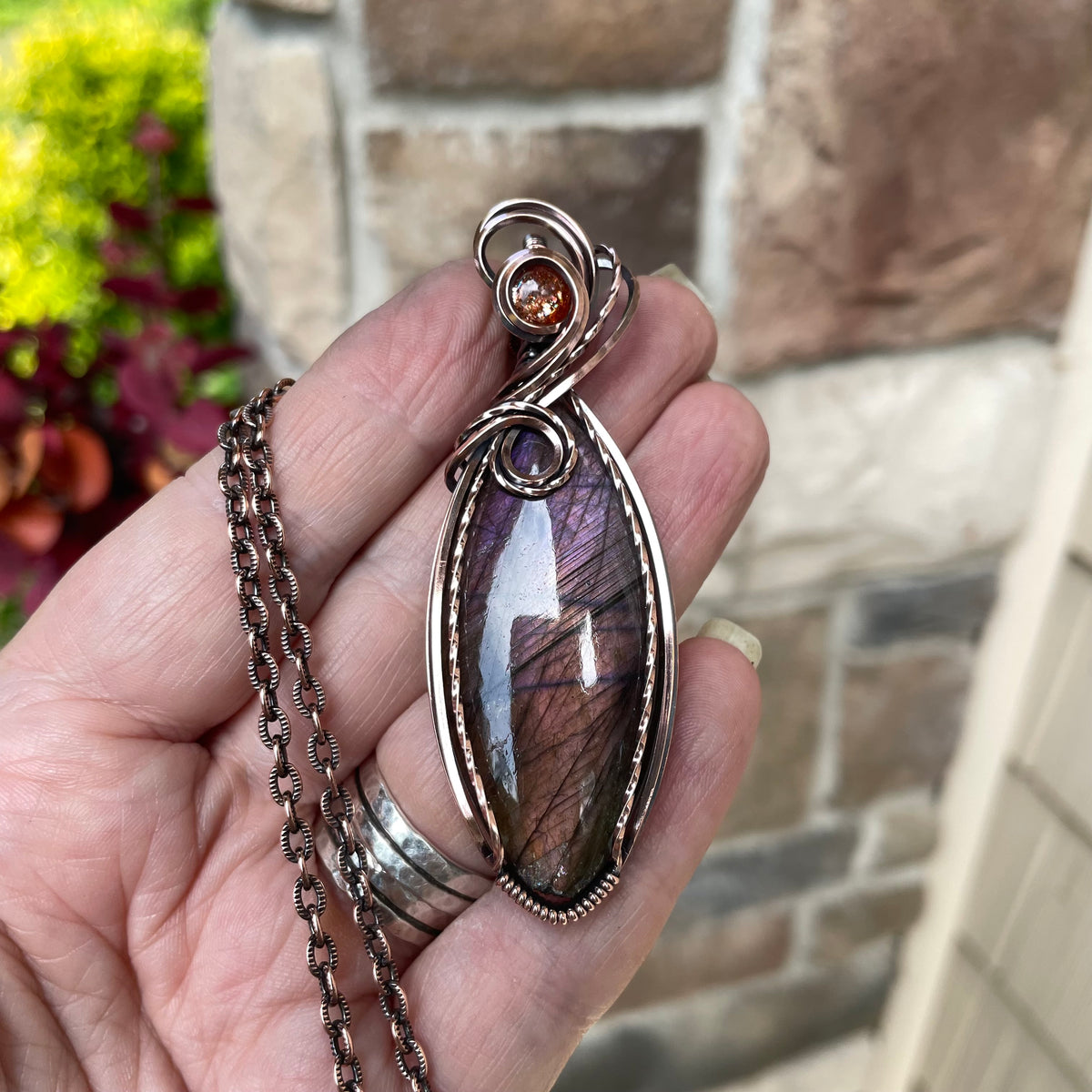 Purple Amber Labradorite & Sunstone Slender Copper Pendant
