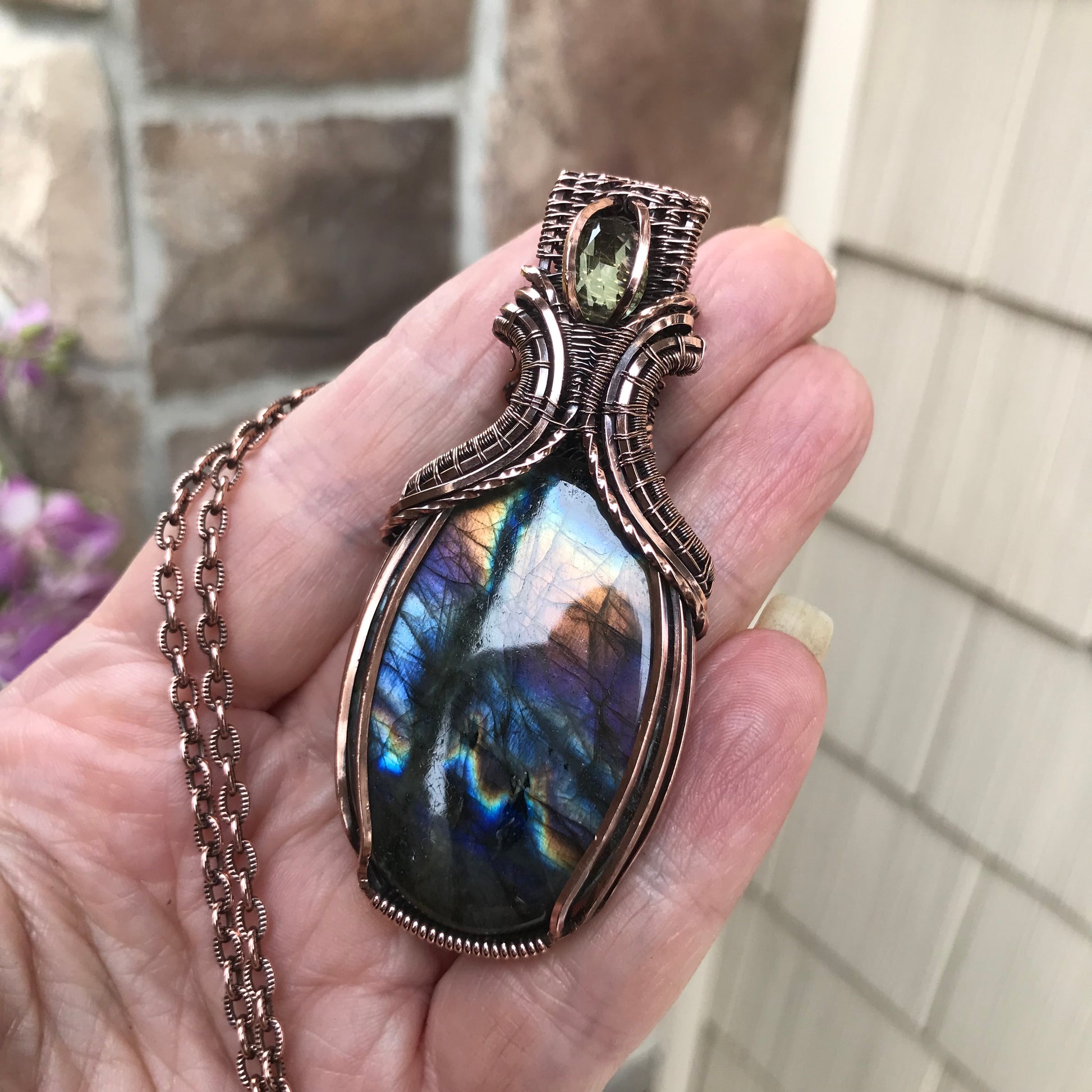 Rainbow Labradorite & Lemon Quartz Copper Pendant with Woven Bail