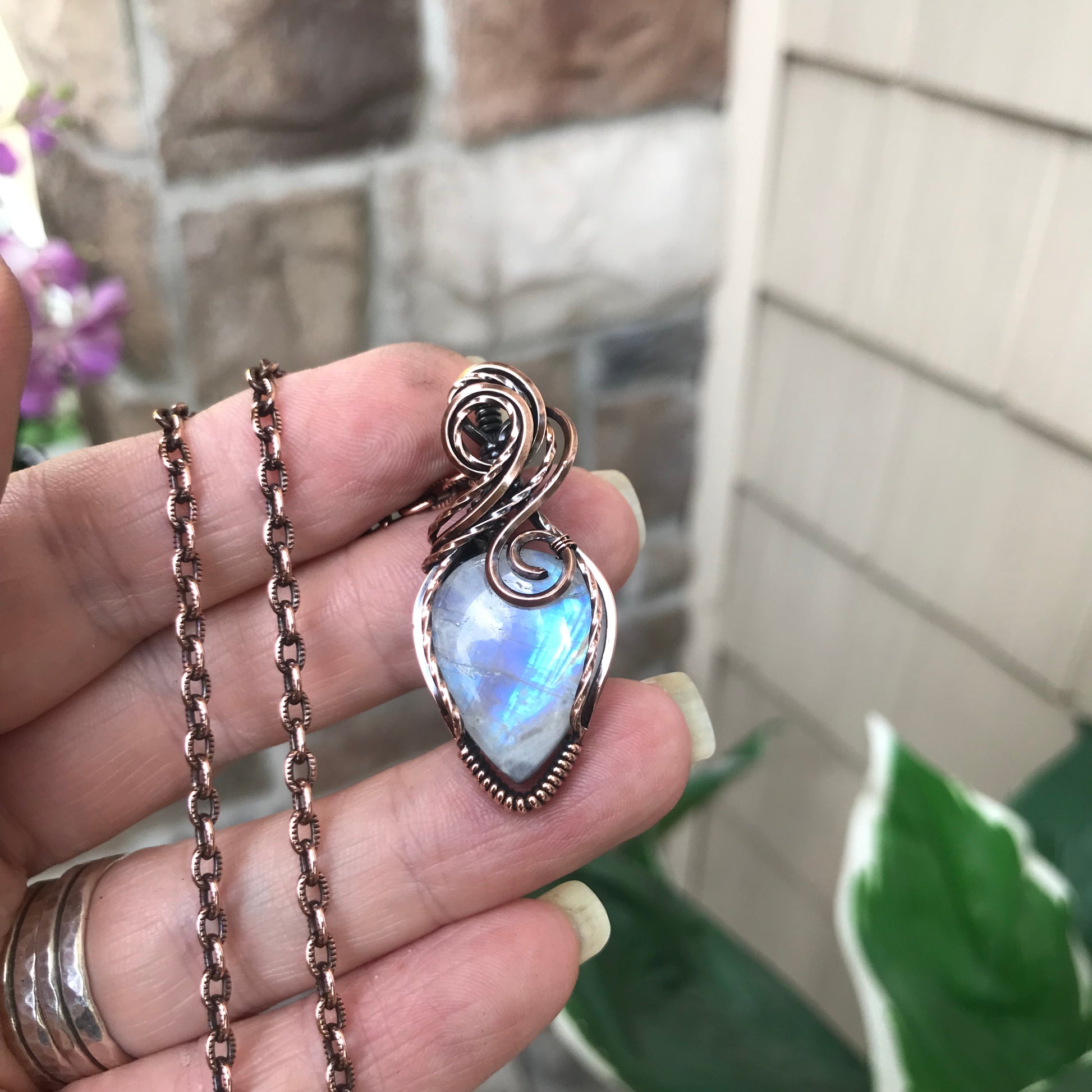 Blue Moonstone Small Copper Pendant