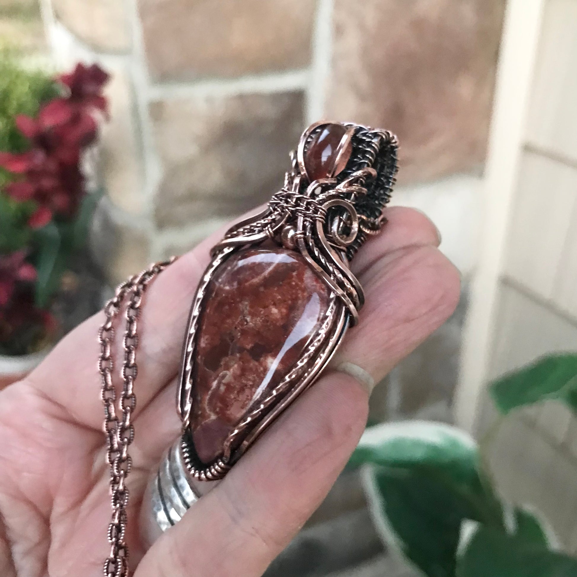 Wildeye Jasper & Sunstone Pendant in Oxidized Copper