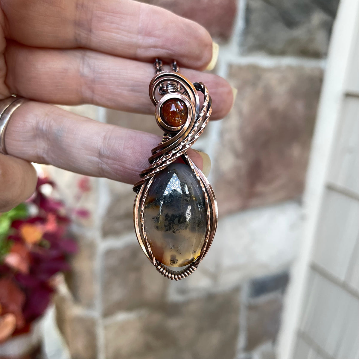 Graveyard Point Plume Agate & Sunstone Copper Necklace