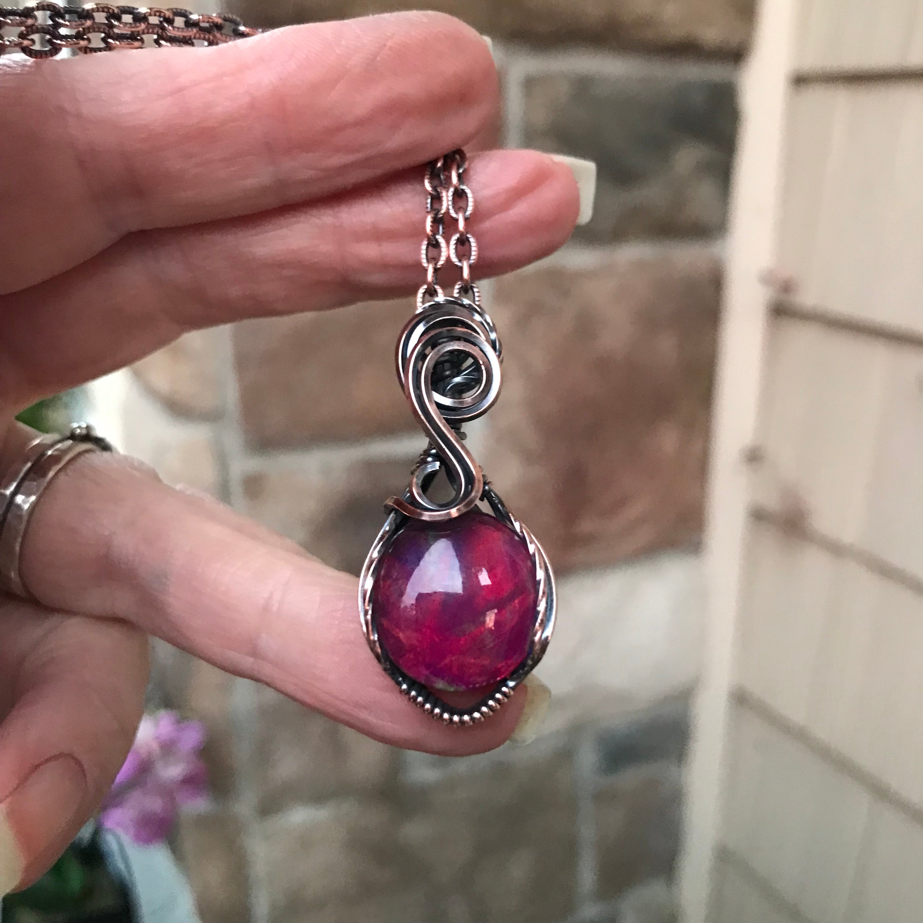 Aurora Opal Magenta Purple Round Copper Pendant