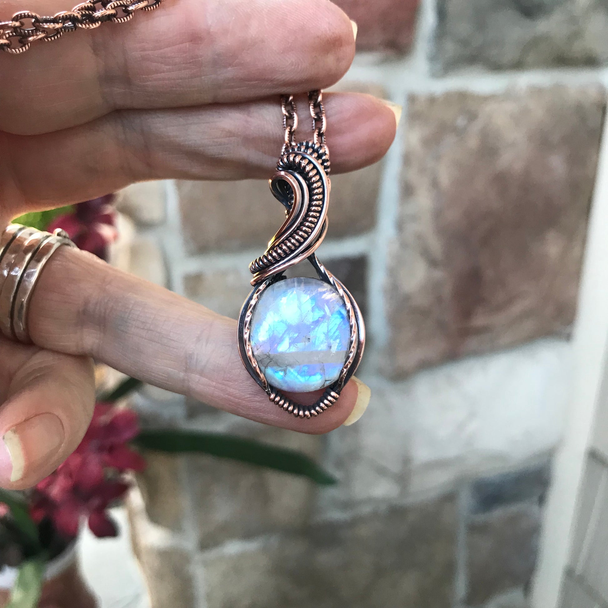 Blue Moonstone Round Copper Necklace