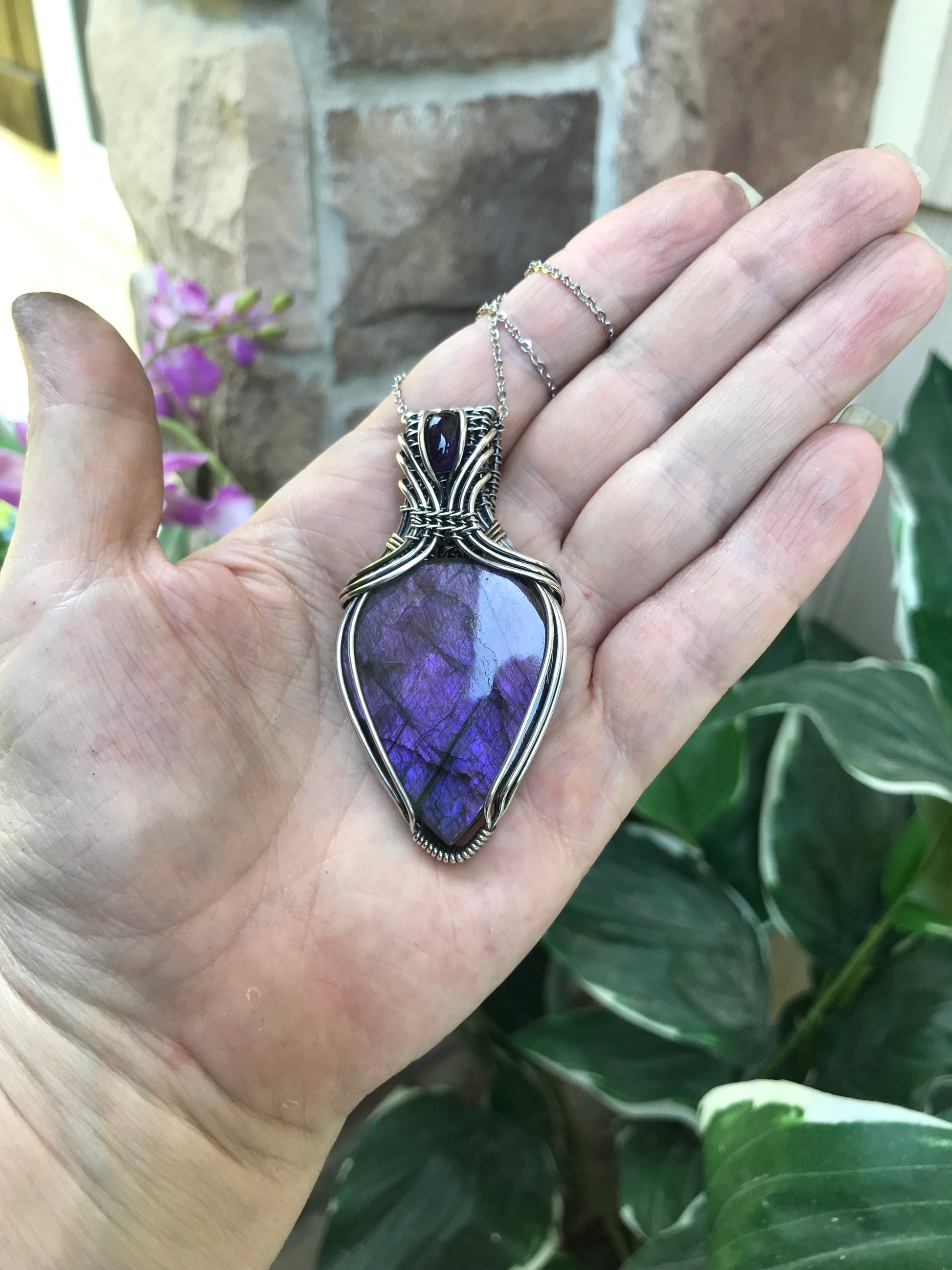 Purple Labradorite & Amethyst Silver Pendant