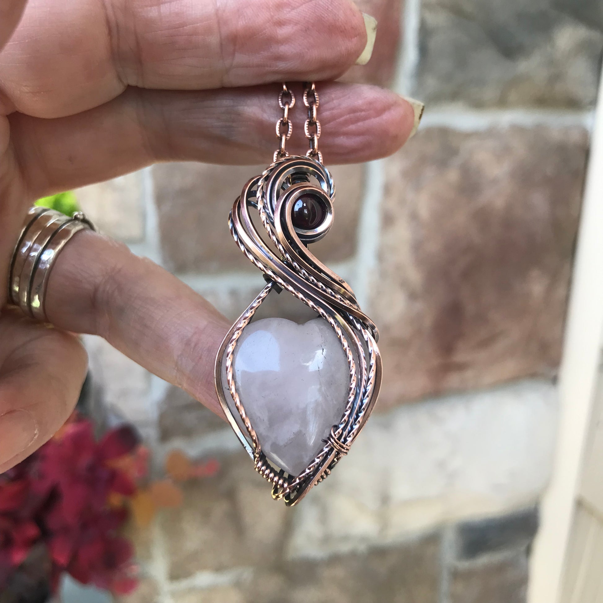Rose Quartz with Garnet Heart Copper Pendant