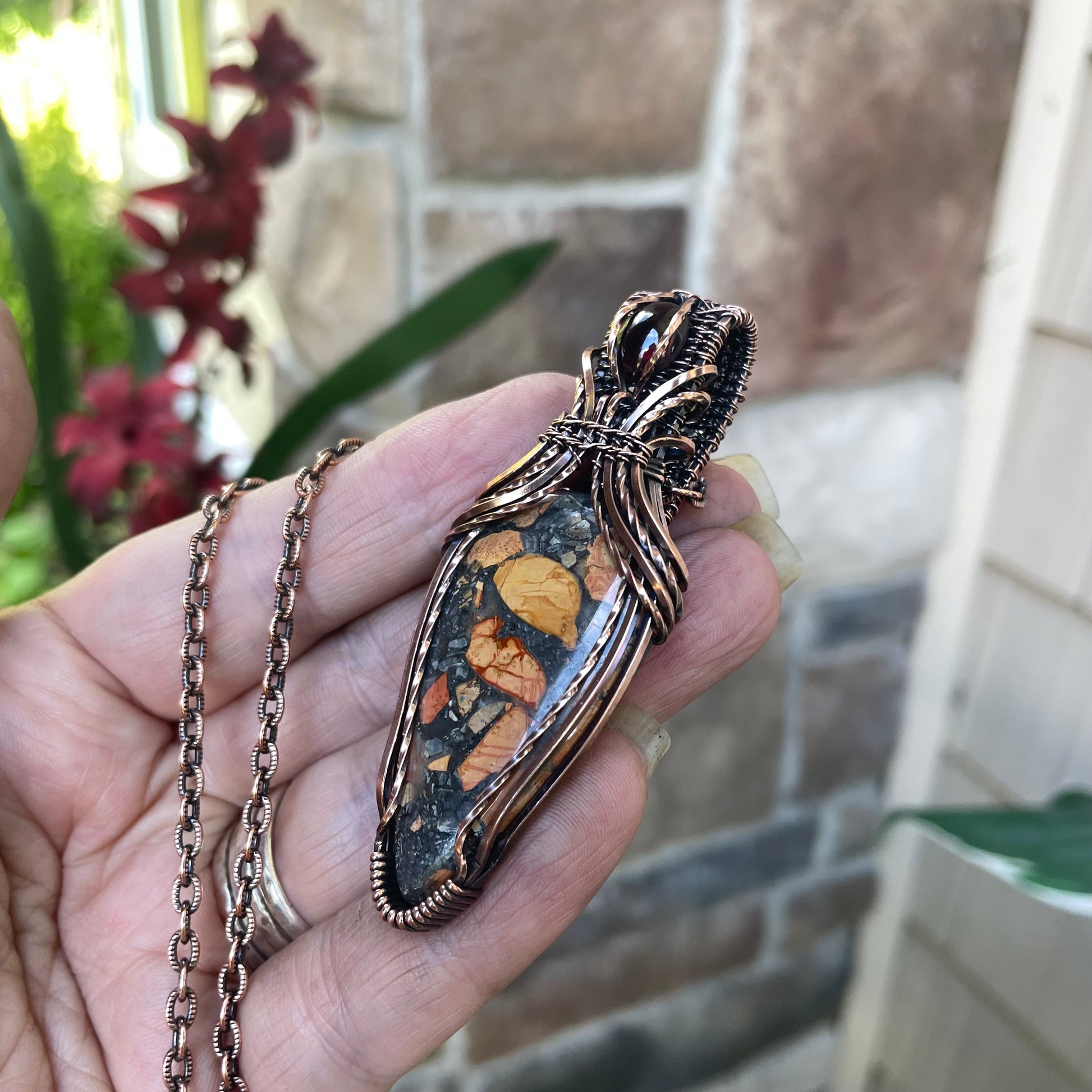 Maligano Jasper & Garnet Copper Pendant with Weaving