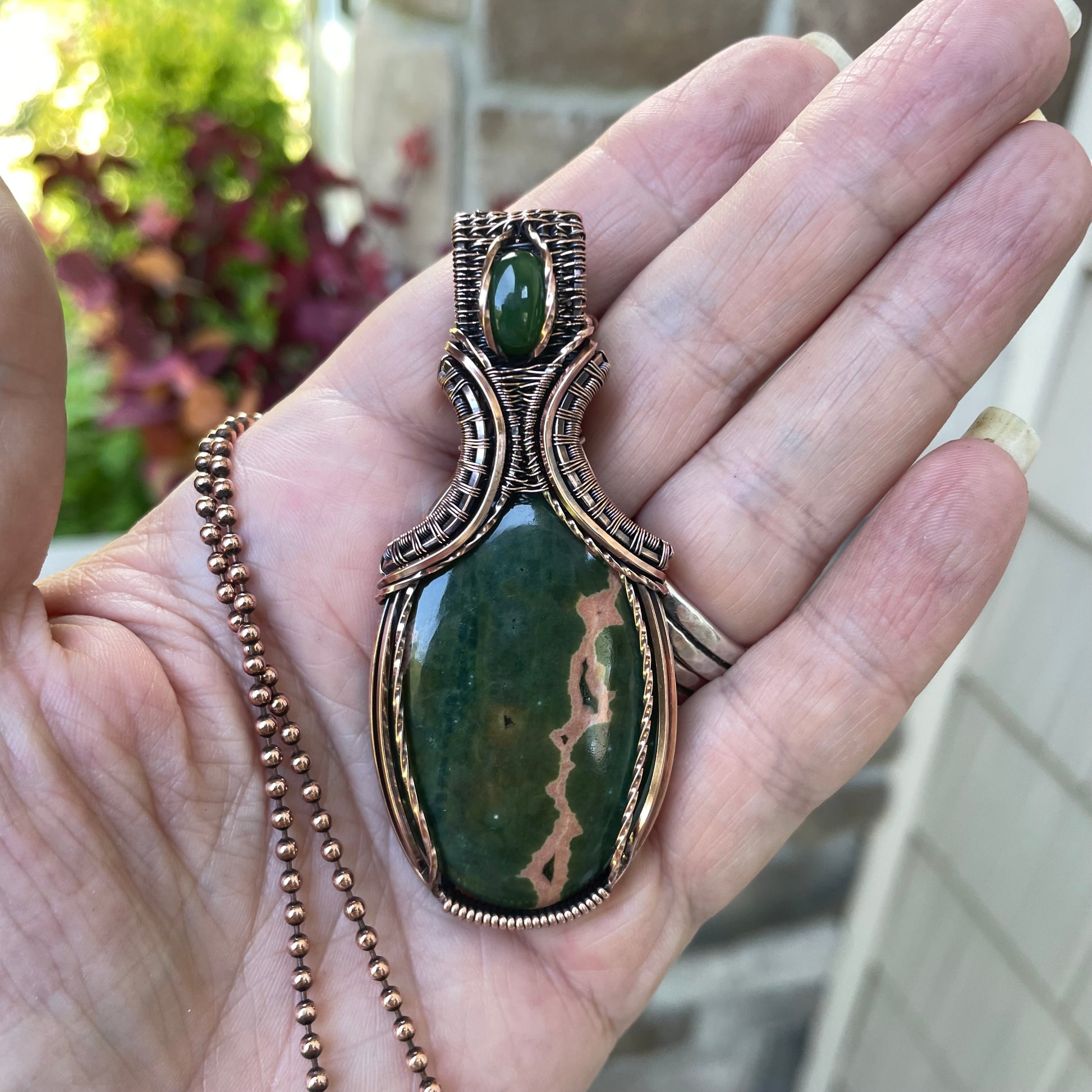 Ocean Jasper & Jade  Copper Pendant with Weaving