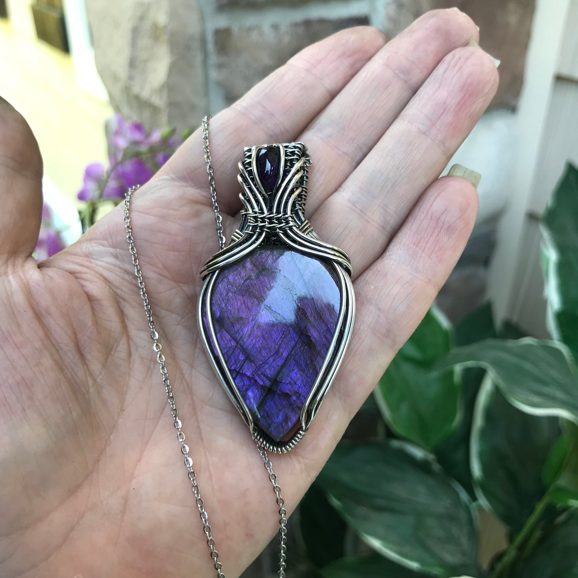 Purple Labradorite & Amethyst Silver Pendant