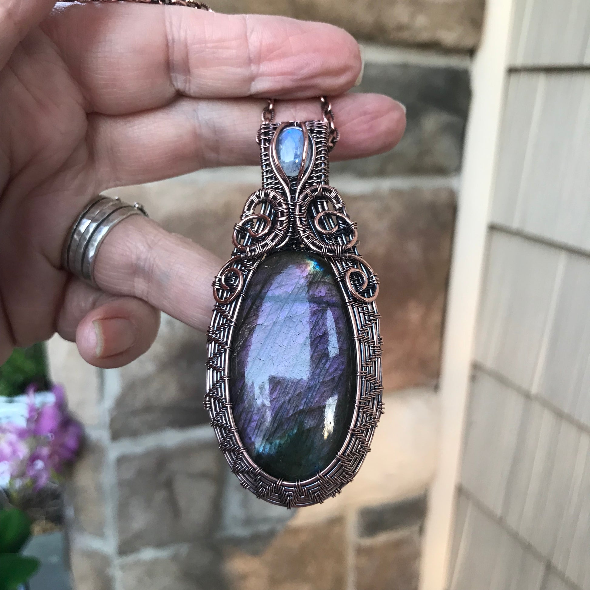 Purple Labradorite & Moonstone Oval Woven Copper Pendant