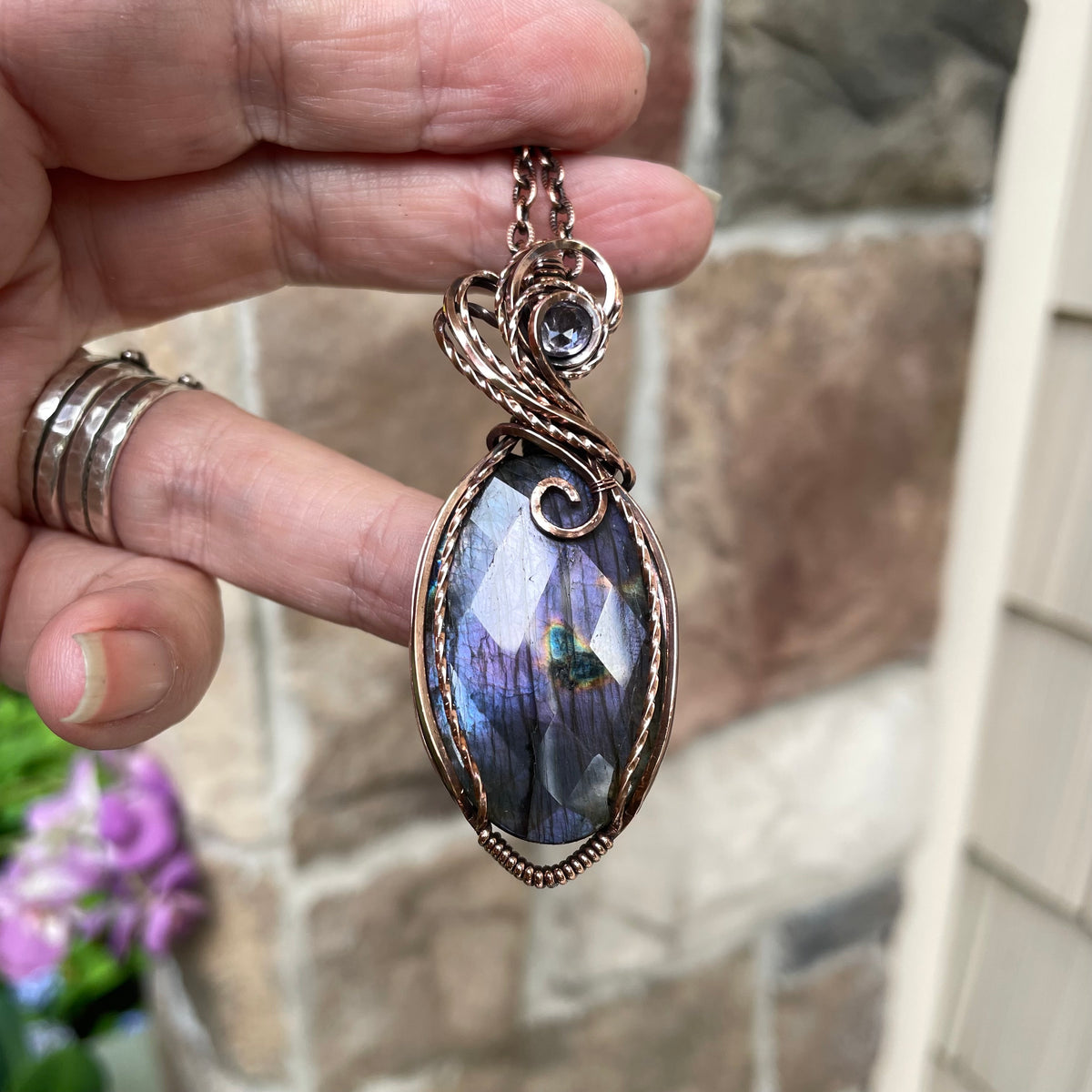 Faceted Purple Oval Labradorite & Pink Amethyst Copper Pendant