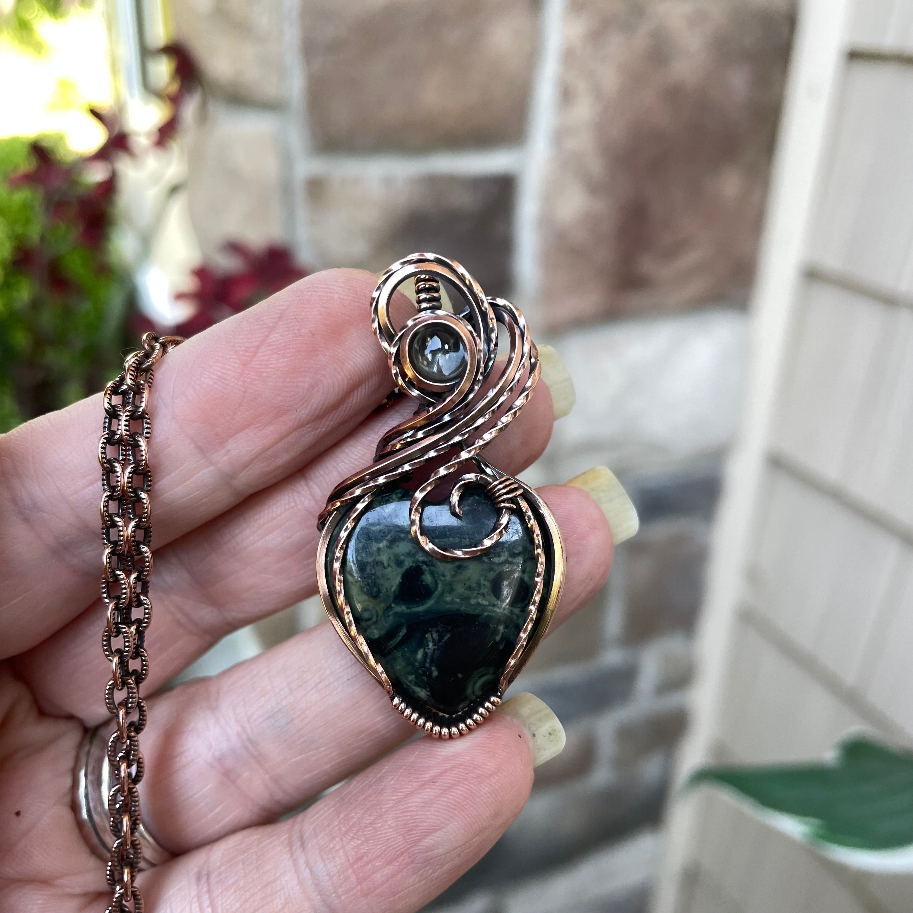 Kambaba Jasper Heart Pendant in Oxidized Copper