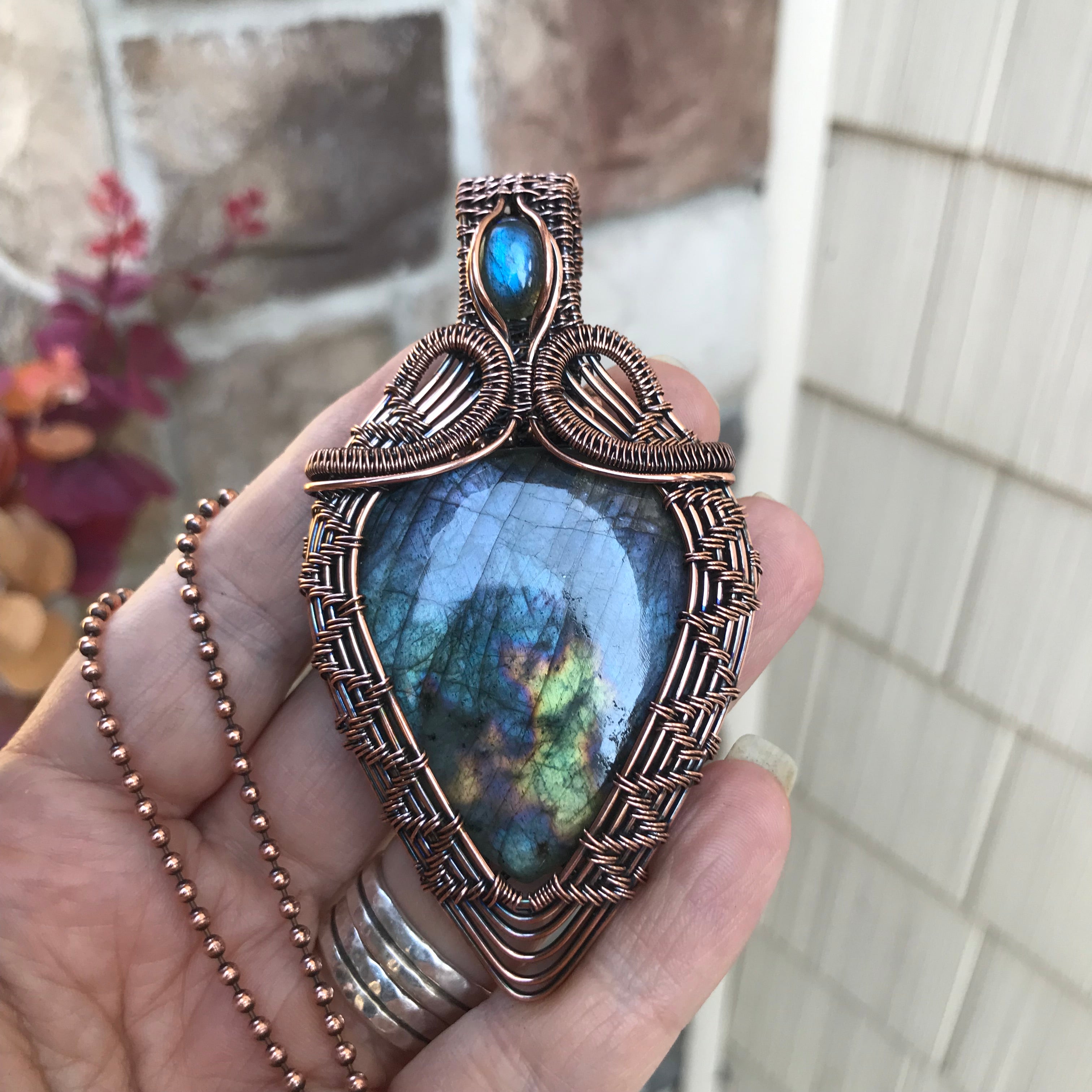 Blue Labradorite Statement Copper Woven Pendant