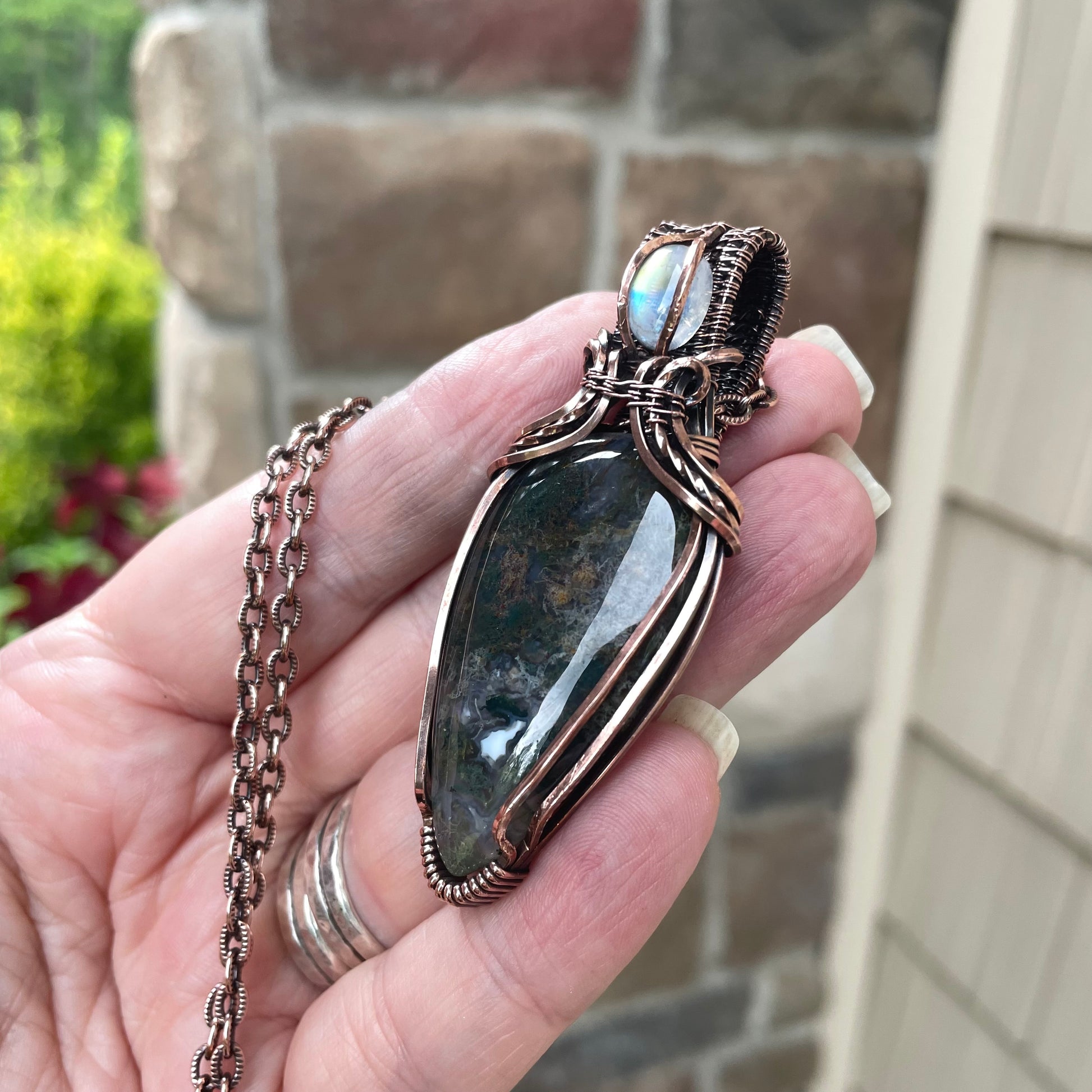 Moss Agate & Moonstone Copper Necklace with Weaving