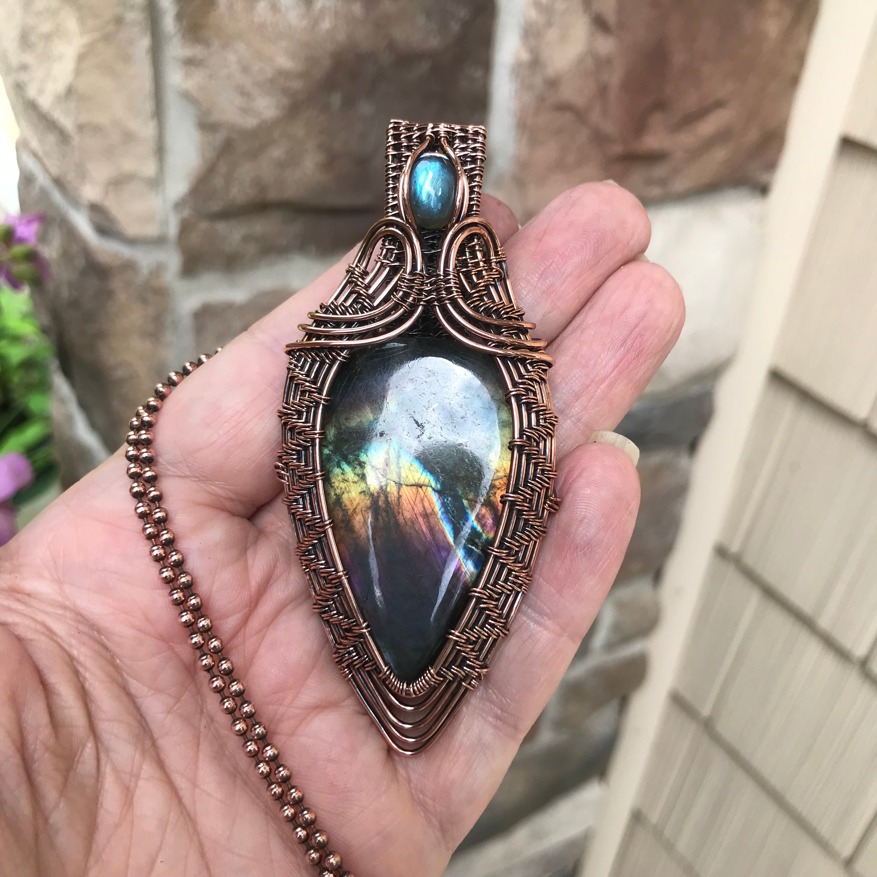 Rainbow Labradorite Statement Woven Pendant