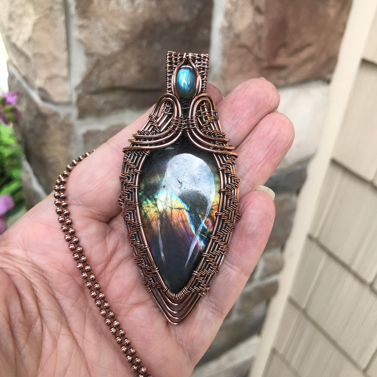 Rainbow Labradorite Statement Woven Pendant