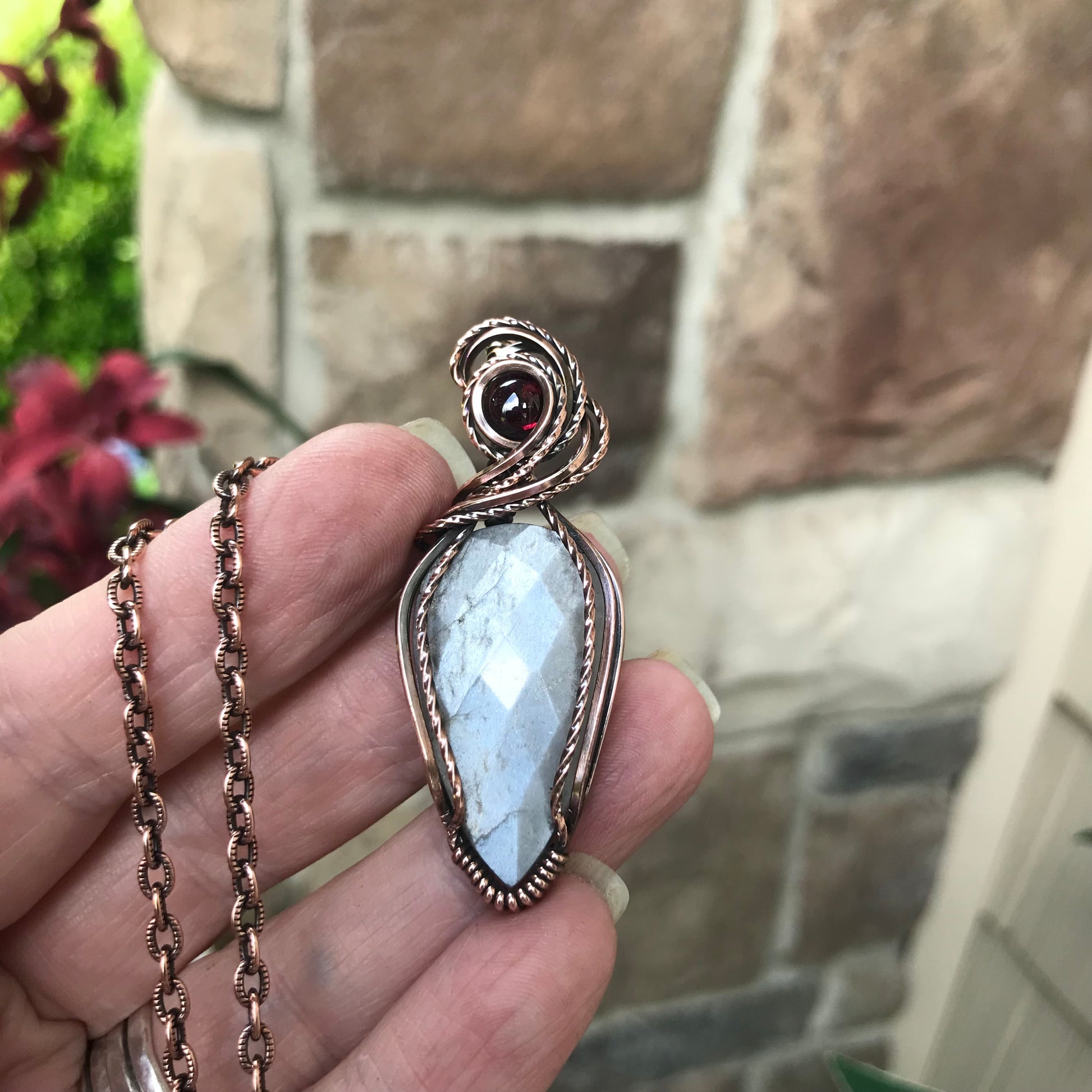 Gray Faceted Moonstone with Garnet Copper Necklace