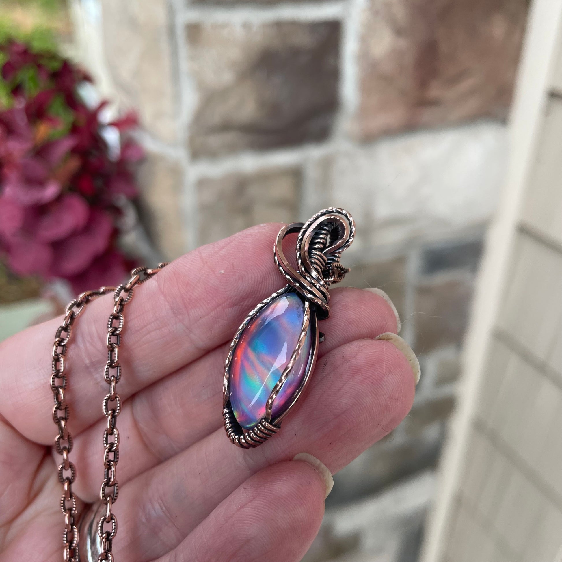 Aurora Opal Orange Pink Marquis Copper Necklace