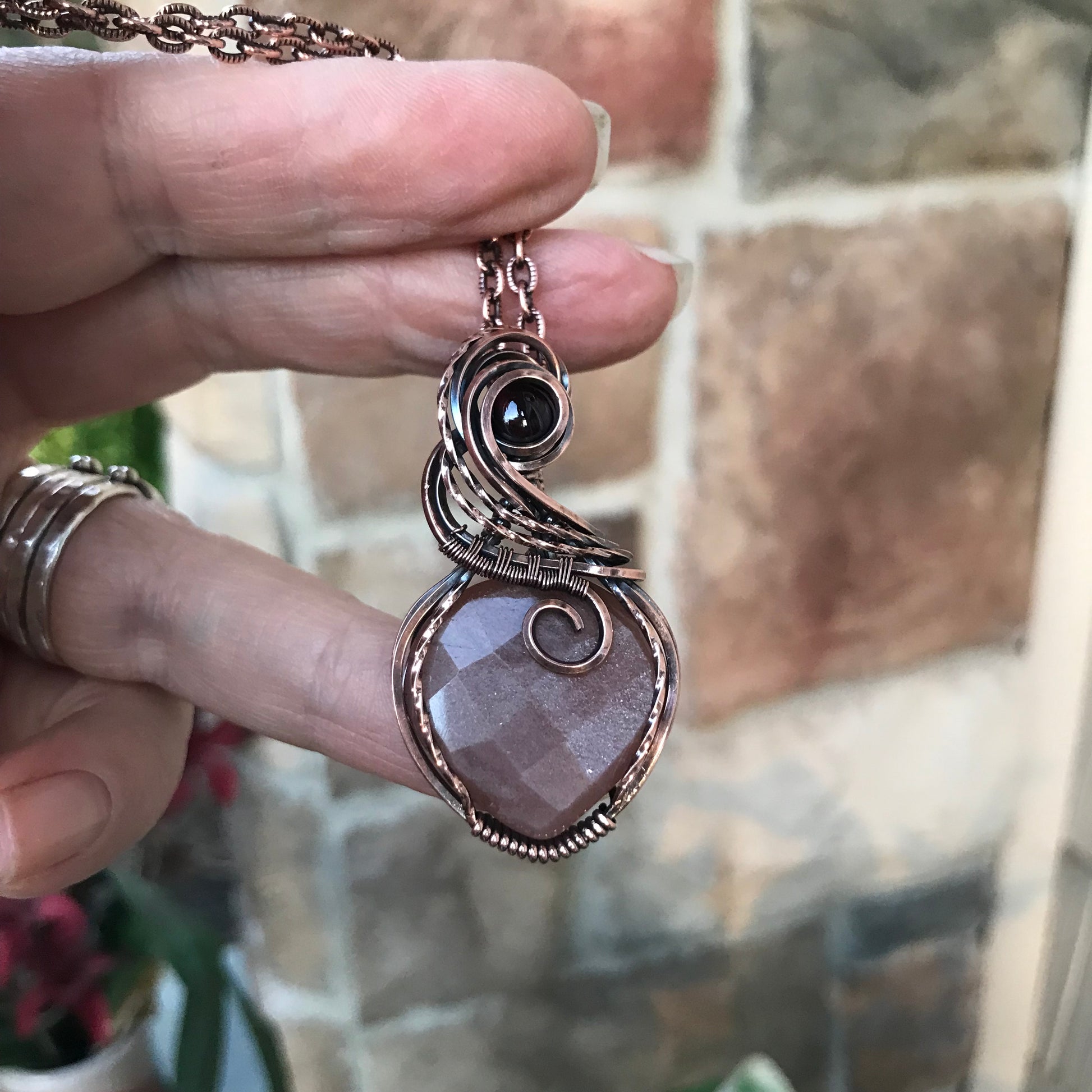 Peach Moonstone & Garnet Copper Necklace