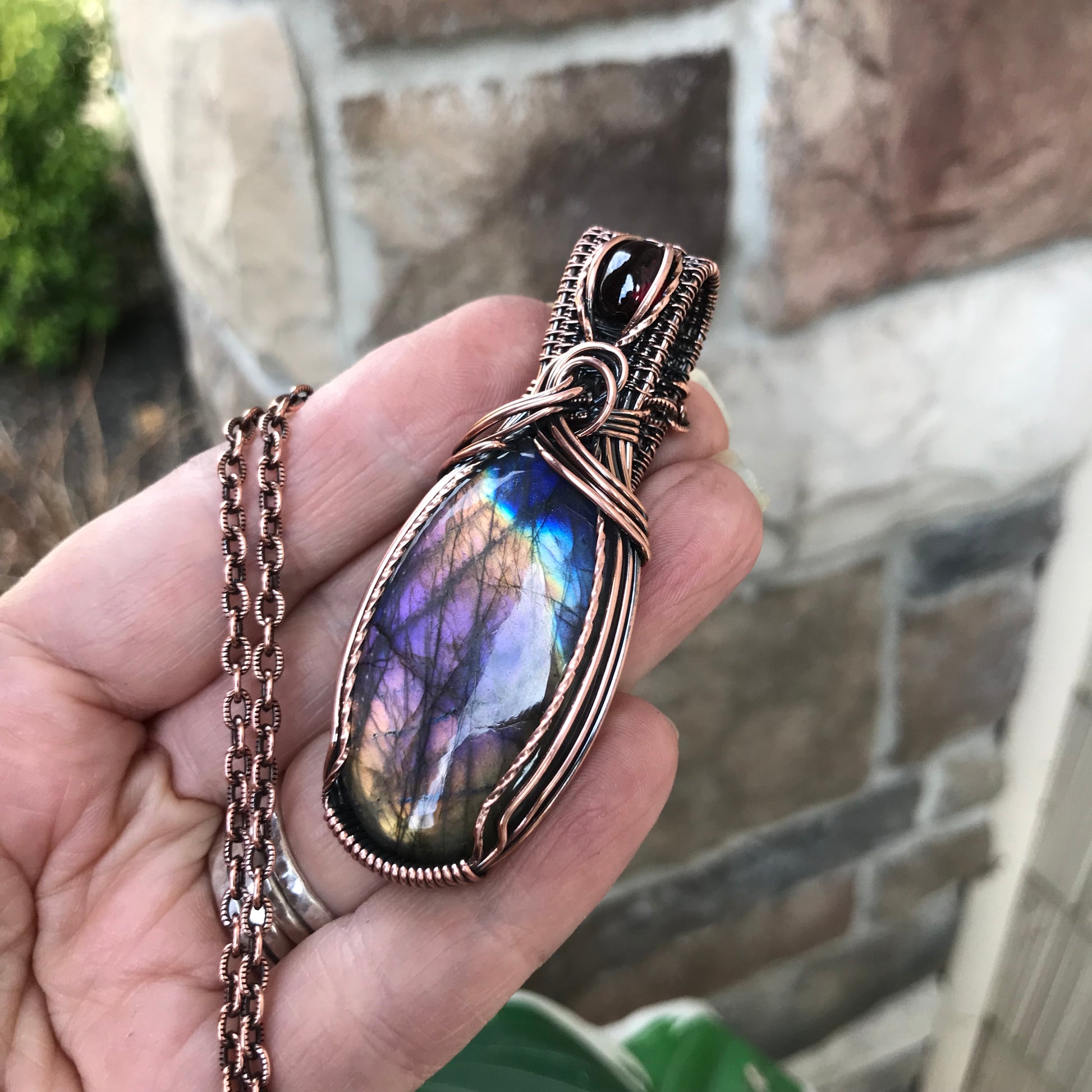 Rainbow Labradorite & Garnet Copper Pendant