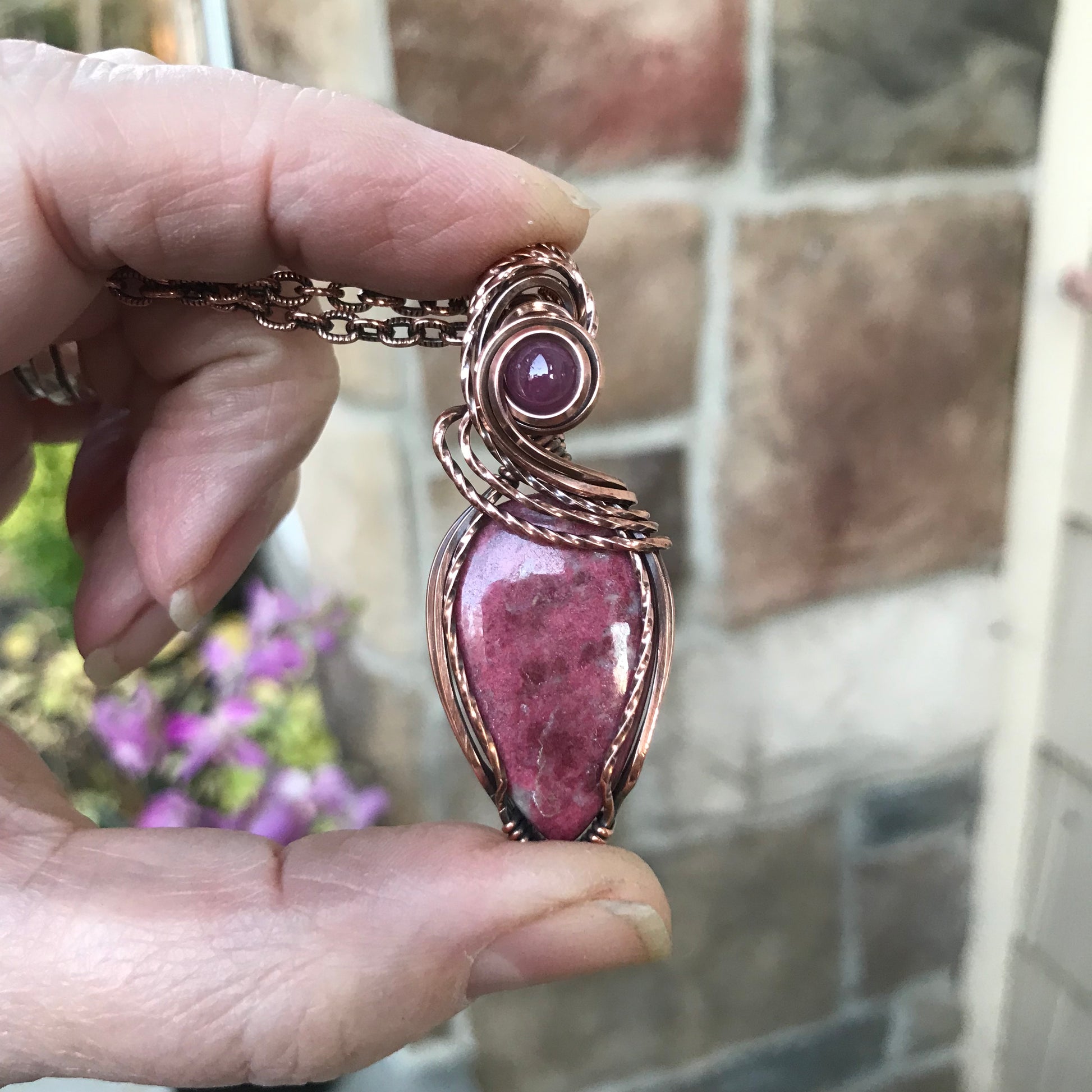 Pink Thulite & Ruby Swirly Copper Necklace