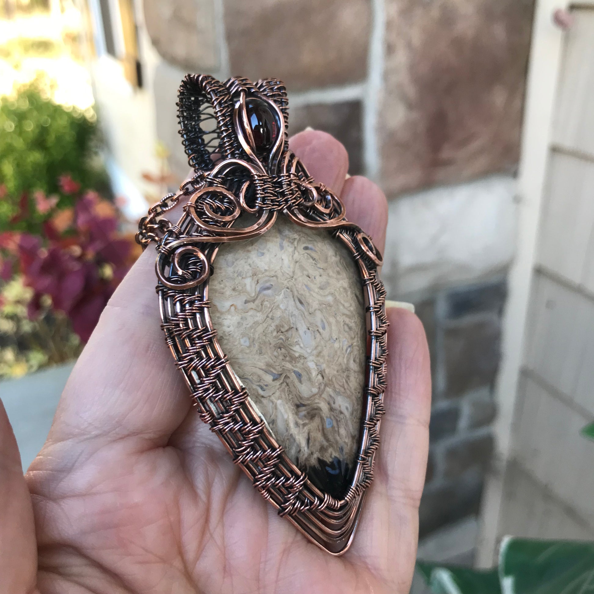 Petrified Palm Root & Garnet Copper Woven Necklace