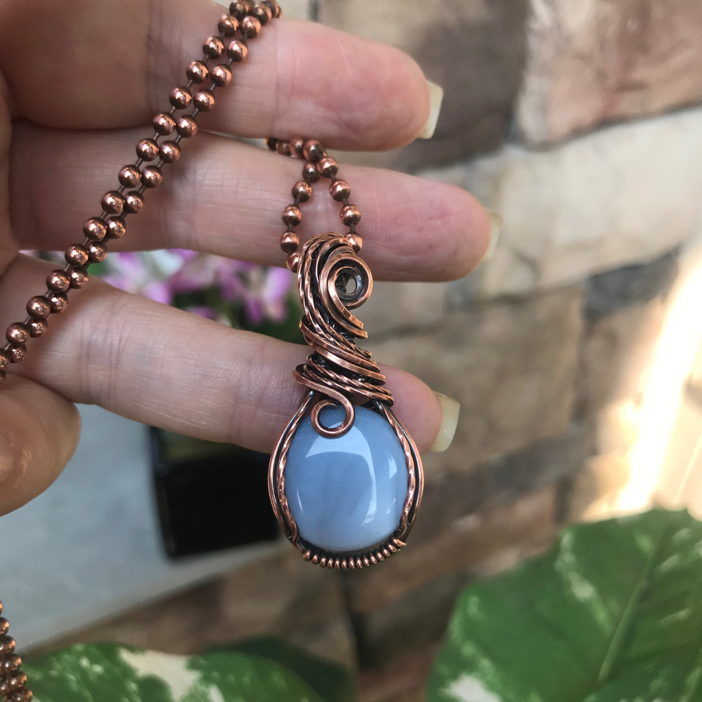blue opal round copper wire wrapped pendant necklace moonlet jewelry