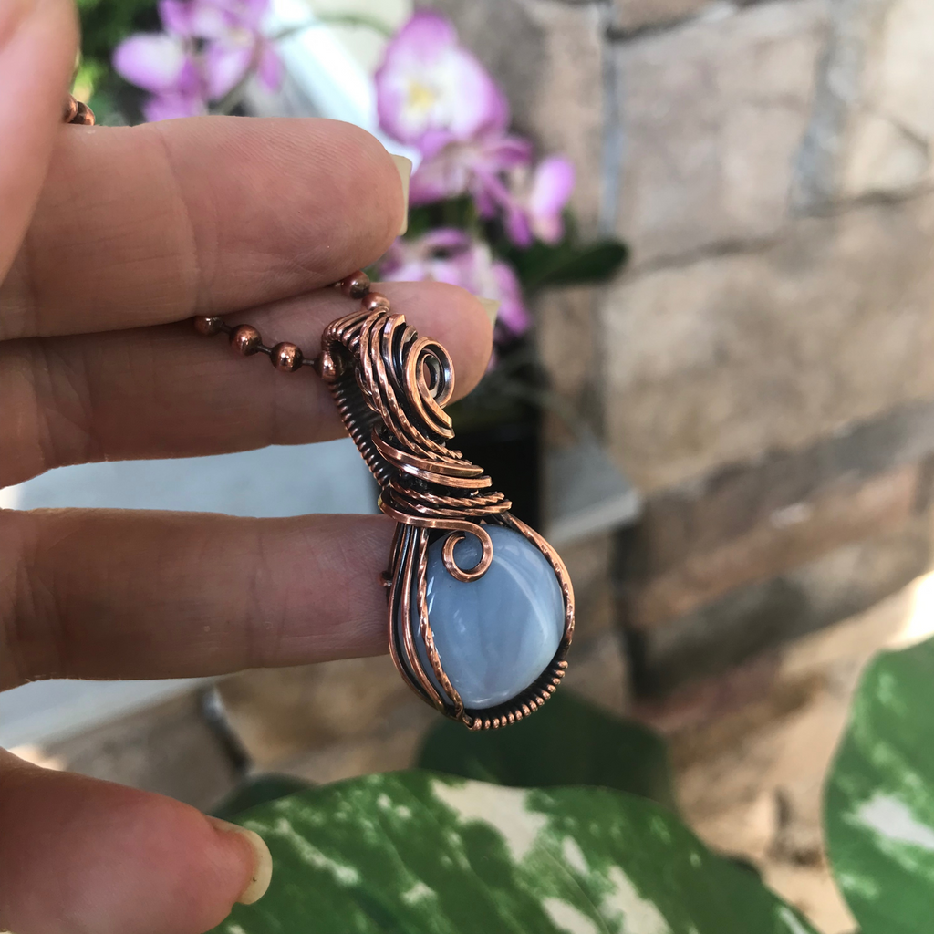 blue opal round copper wire wrapped pendant necklace moonlet jewelry