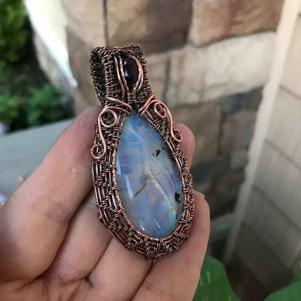 blue moonstone amethyst wire weave necklace