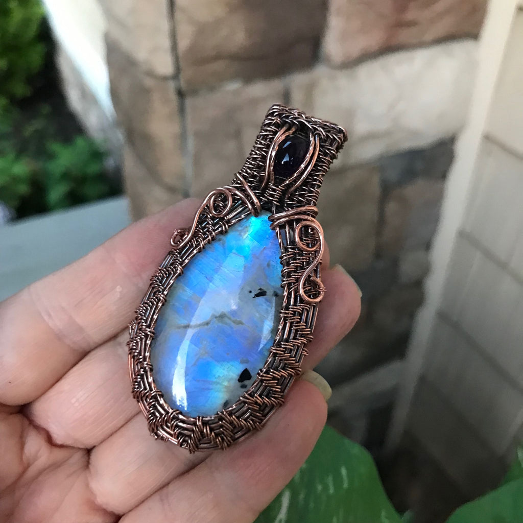 blue moonstone amethyst wire weave necklace