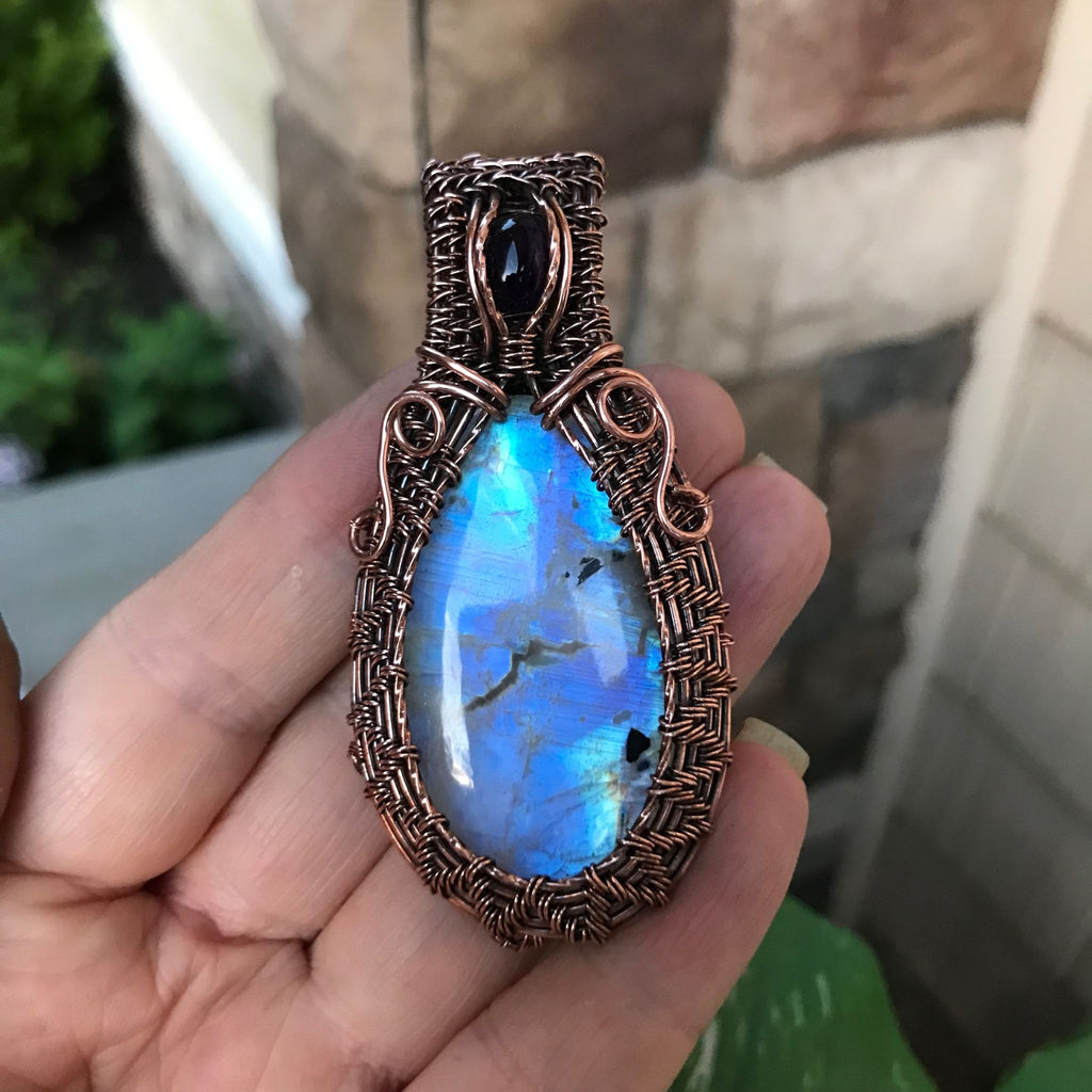 blue moonstone amethyst wire weave necklace