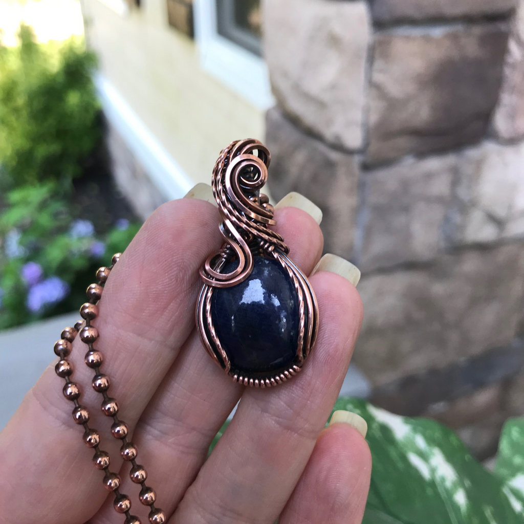 blue sapphire copper wire wrapped pendant necklace moonlet jewelry