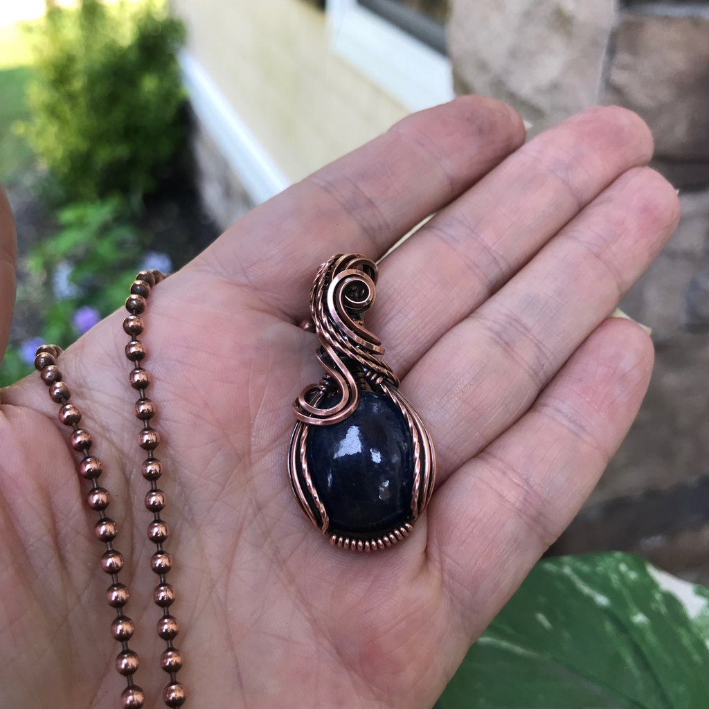 blue sapphire copper wire wrapped pendant necklace moonlet jewelry