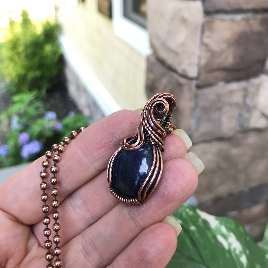 blue sapphire copper wire wrapped pendant necklace moonlet jewelry