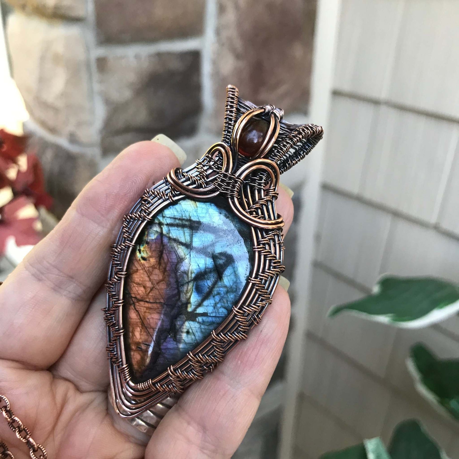 Blue Orange Labradorite with Amber Woven Copper Pendant