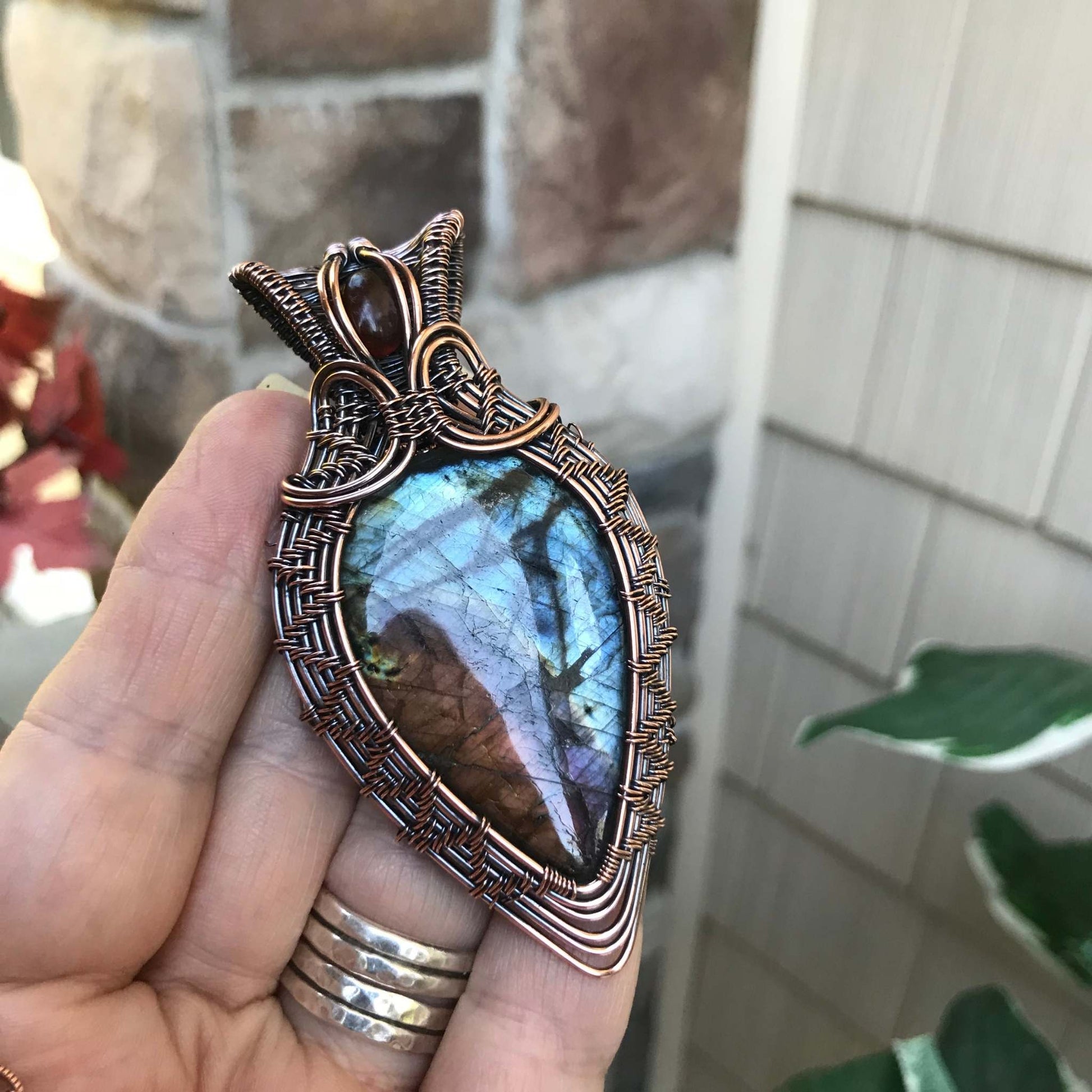 Blue Orange Labradorite with Amber Woven Copper Pendant